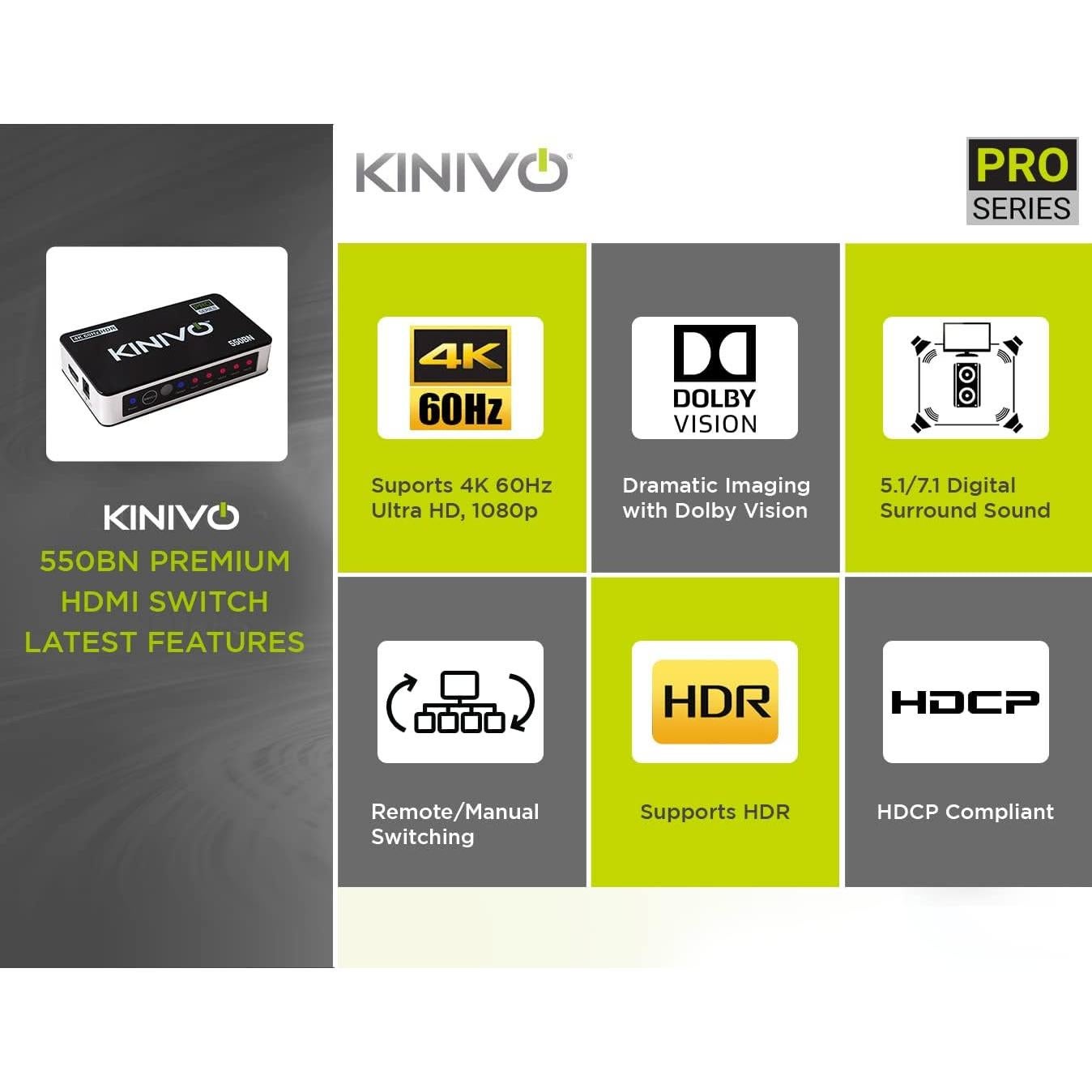 Switch HDMI Kinivo 550BN 4K 60Hz 5 en 1 con control remoto