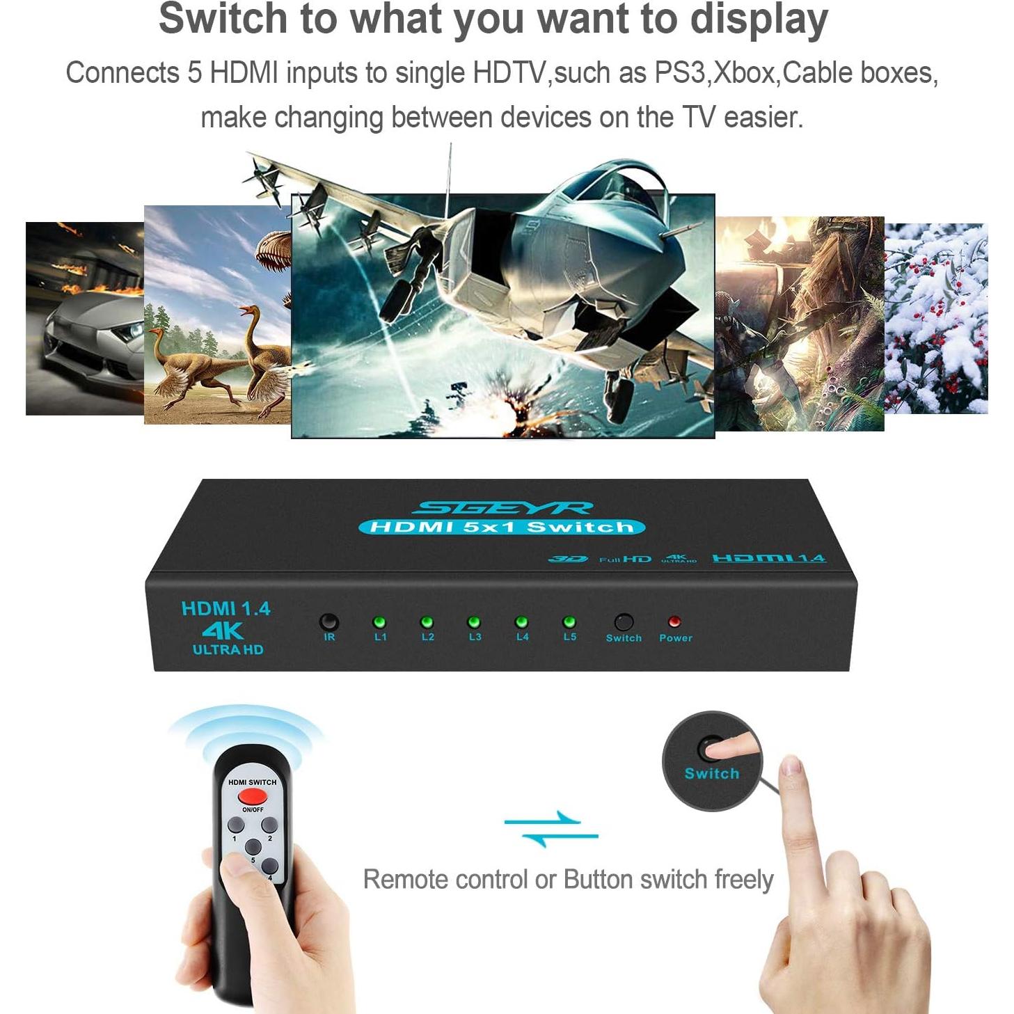 Conmutador HDMI SGEYR 5x1 4K 30Hz Control Remoto IR