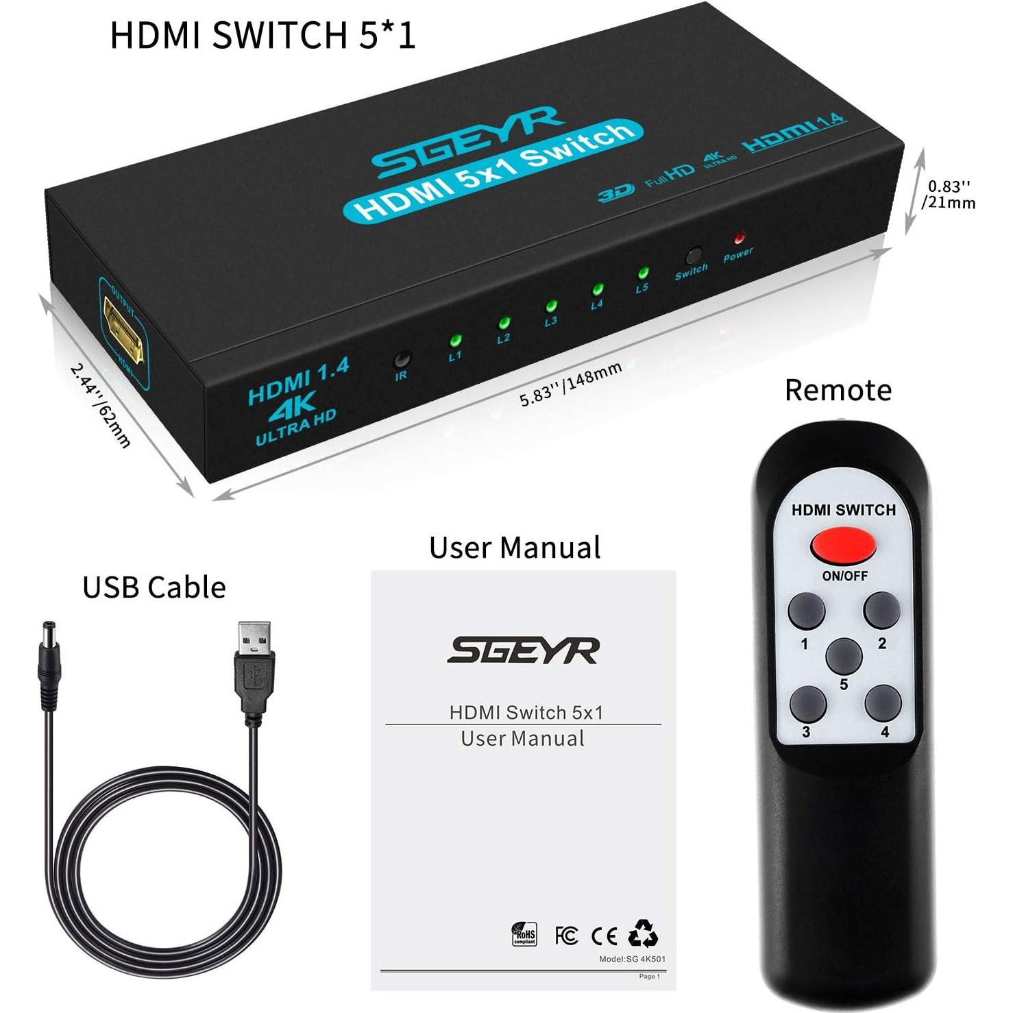 Conmutador HDMI SGEYR 5x1 4K 30Hz Control Remoto IR
