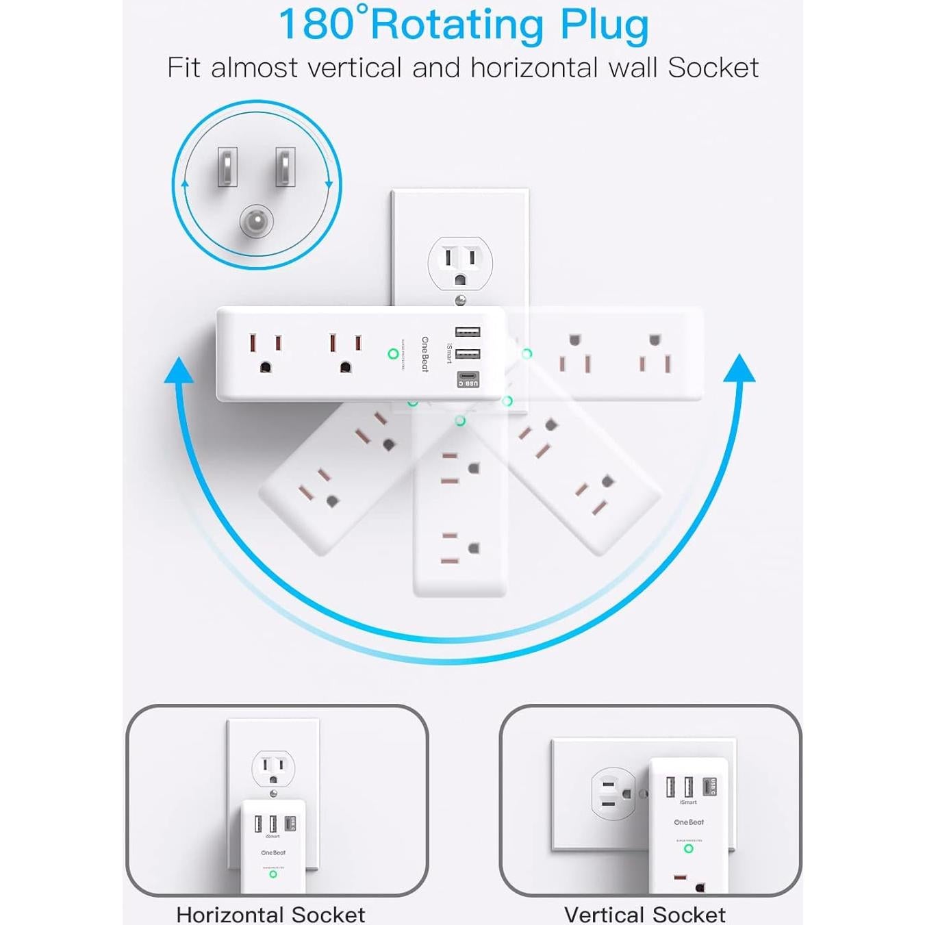 Extensor de Enchufe 6 AC + 3 USB One Beat 1800J Rotatorio
