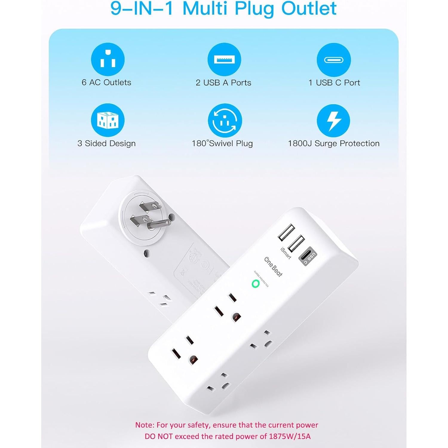 Extensor de Enchufe 6 AC + 3 USB One Beat 1800J Rotatorio