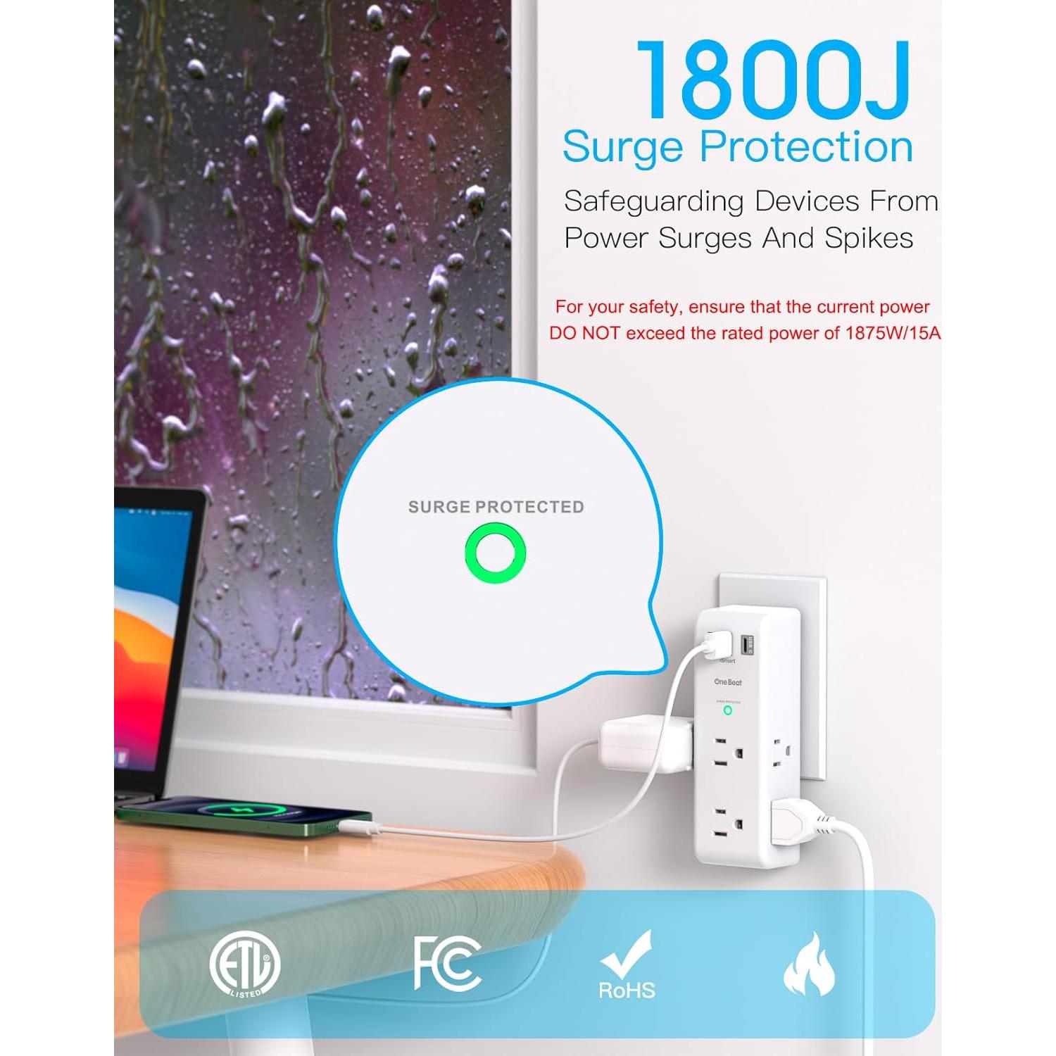 Extensor de Enchufe 6 AC + 3 USB One Beat 1800J Rotatorio