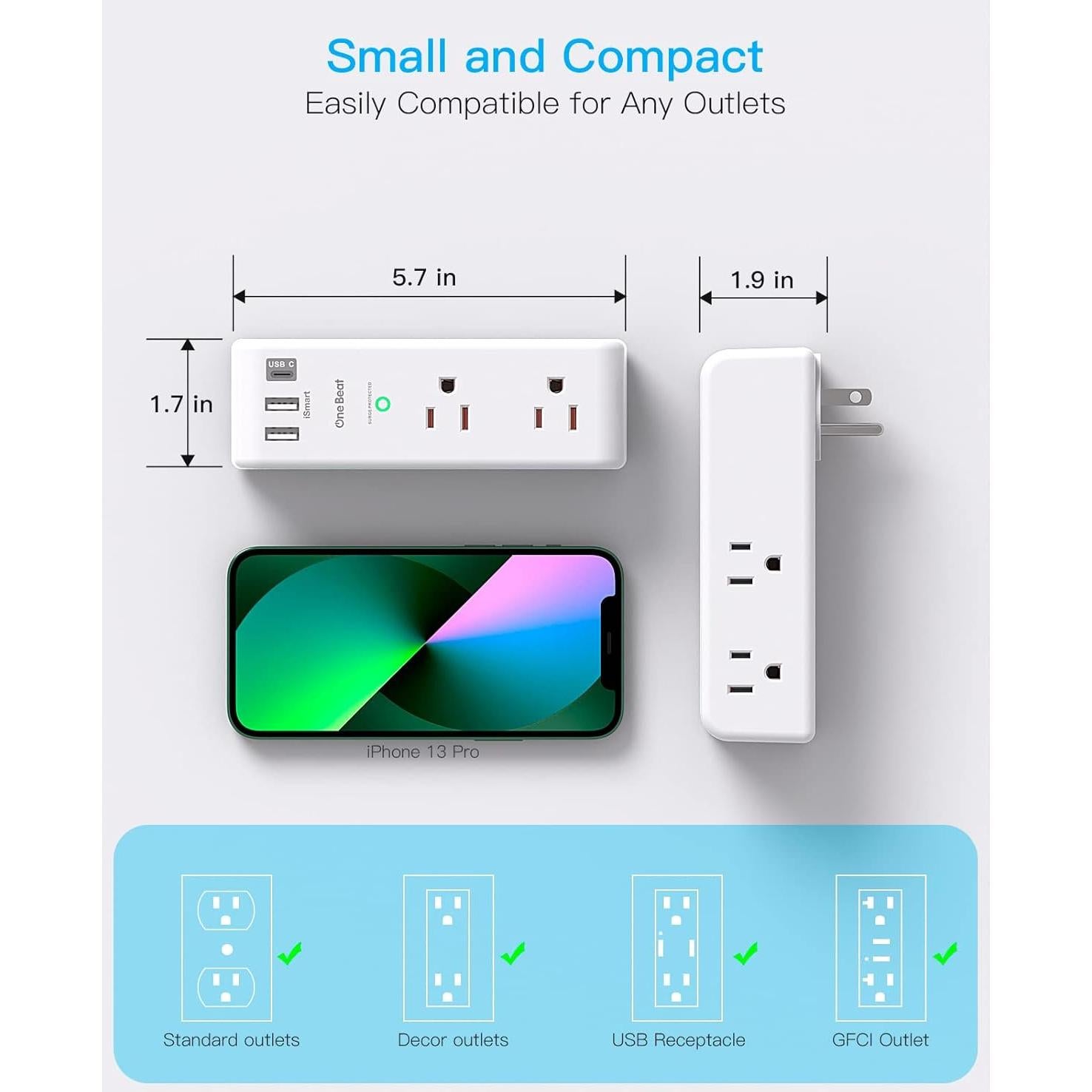 Extensor de Enchufe 6 AC + 3 USB One Beat 1800J Rotatorio