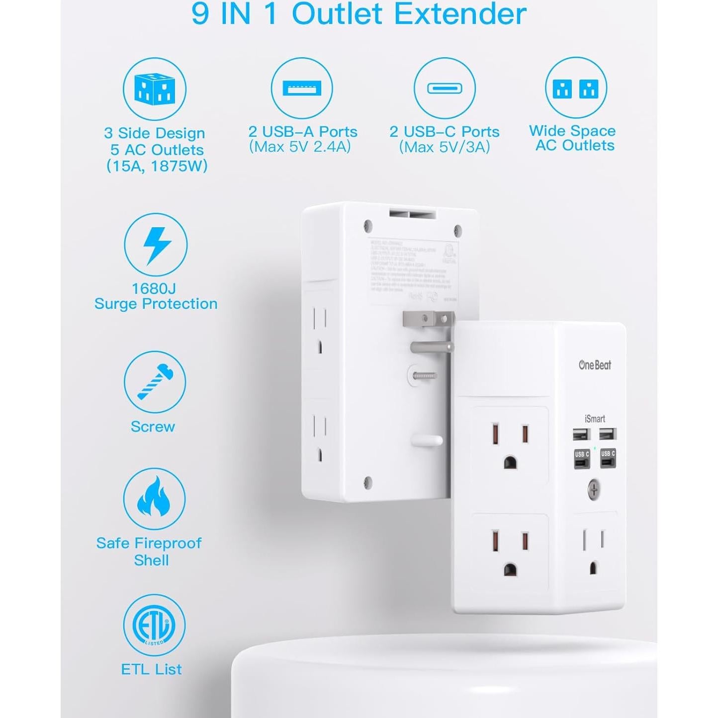 Extensor de Enchufe 5 Salidas + 4 USB C One Beat 1680J