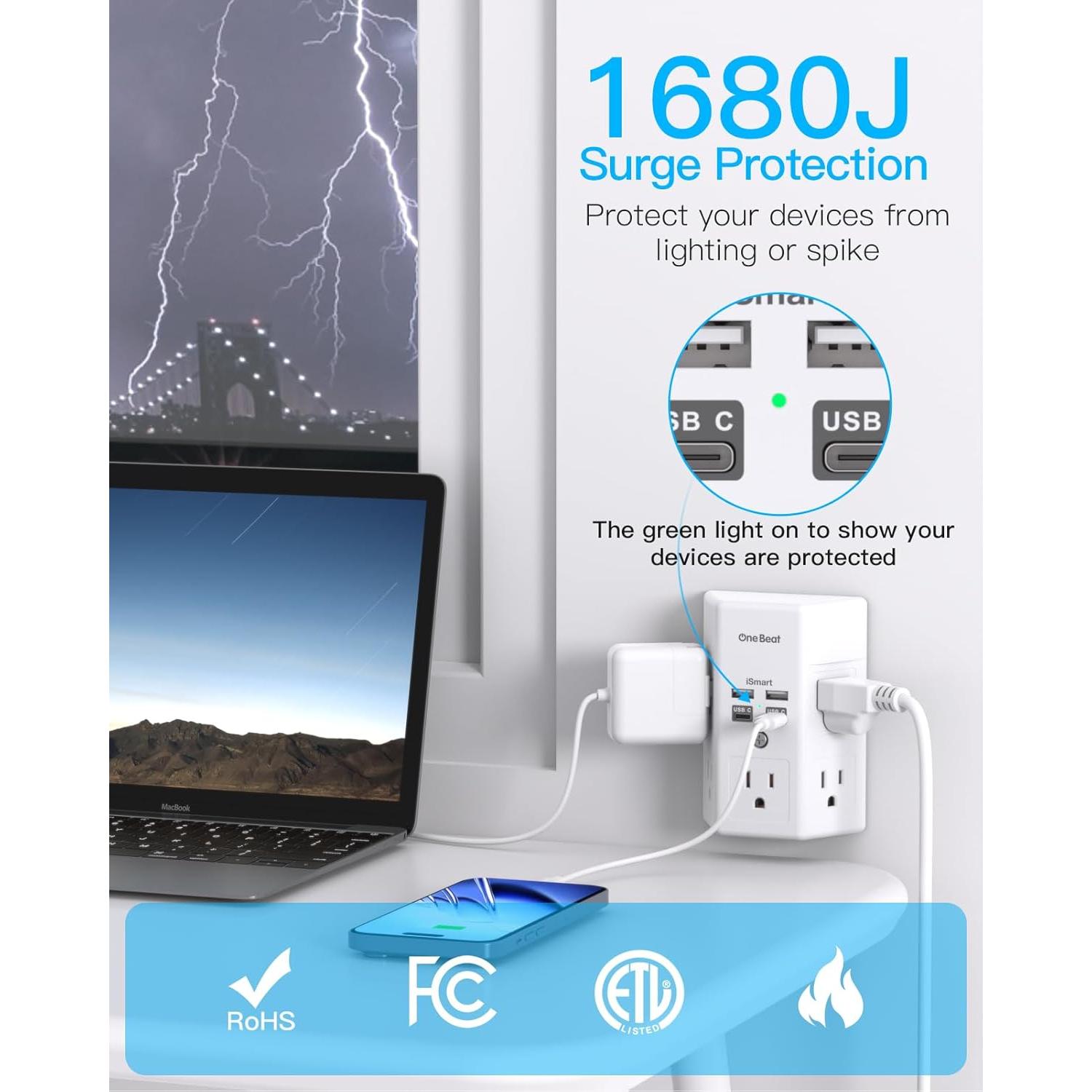 Extensor de Enchufe 5 Salidas + 4 USB C One Beat 1680J