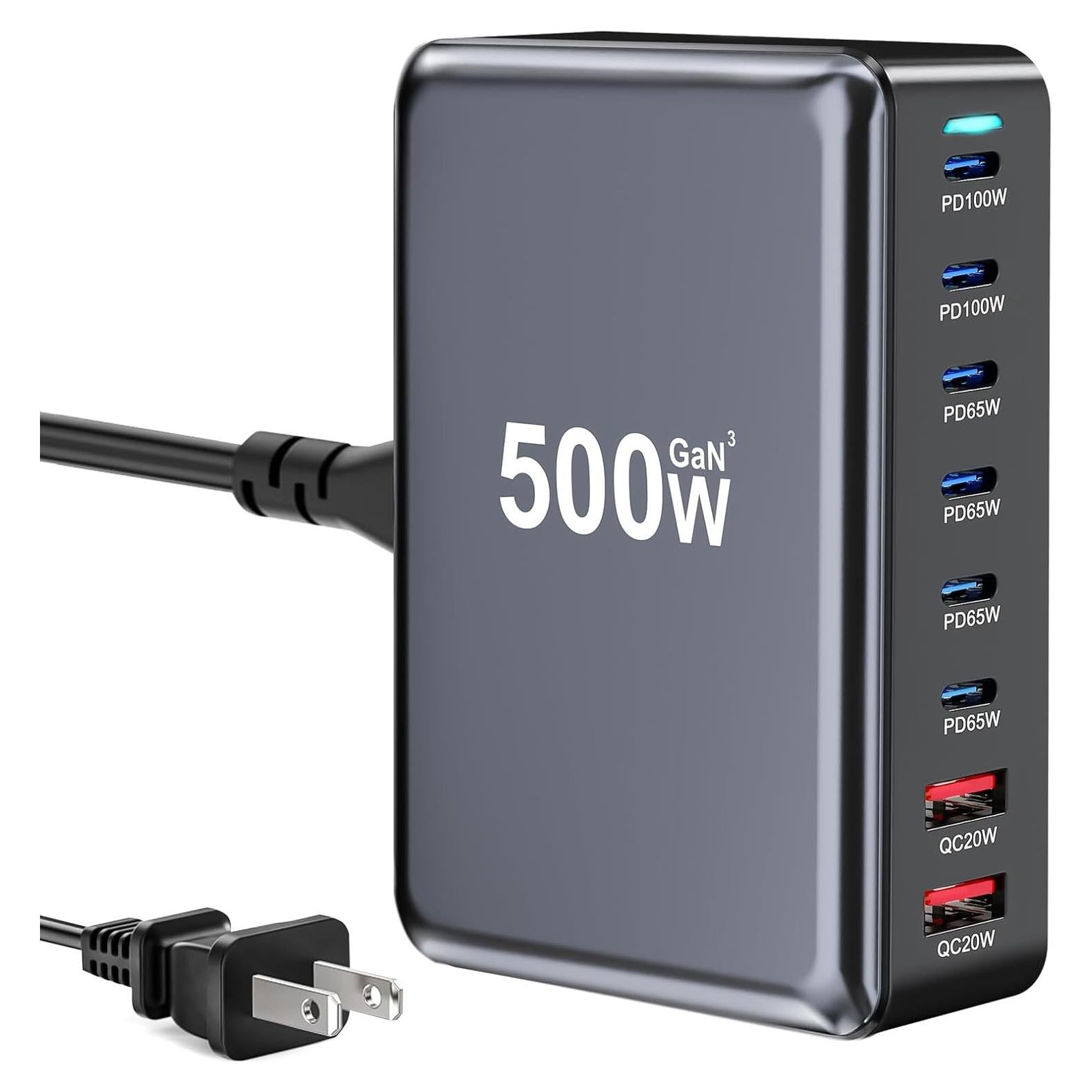 Cargador Rápido USB C 500W 8 Puertos GaN Pro Negro