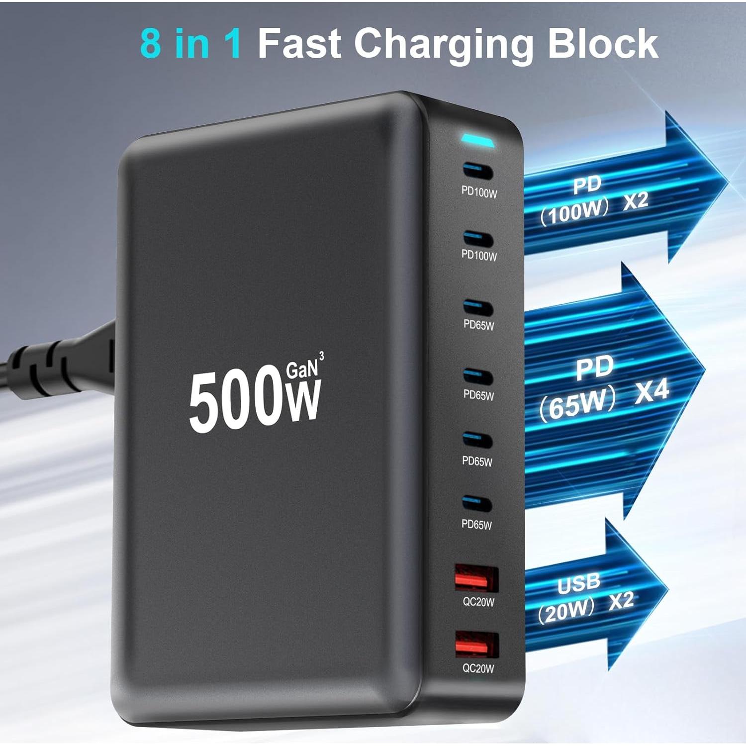 Cargador Rápido USB C 500W 8 Puertos GaN Pro Negro
