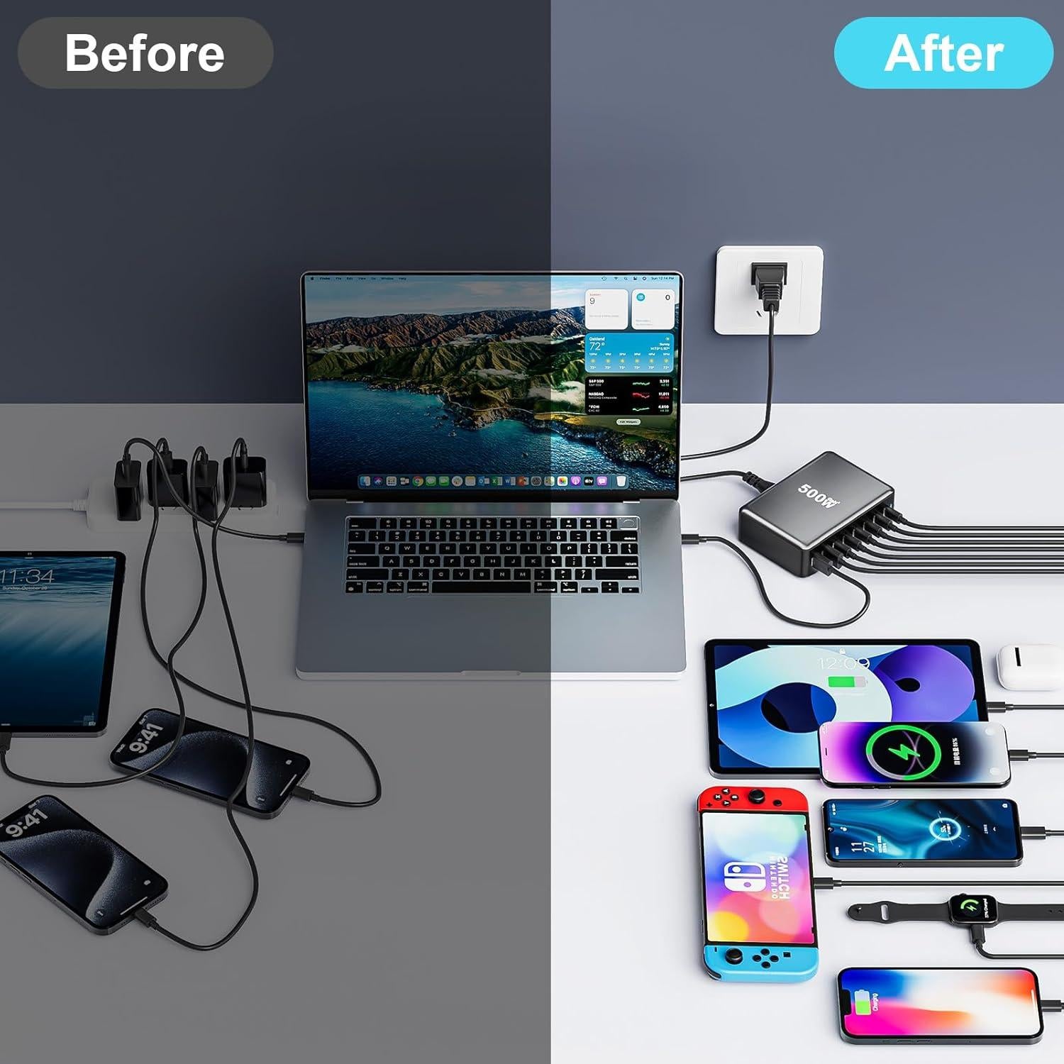 Cargador Rápido USB C 500W 8 Puertos GaN Pro Negro