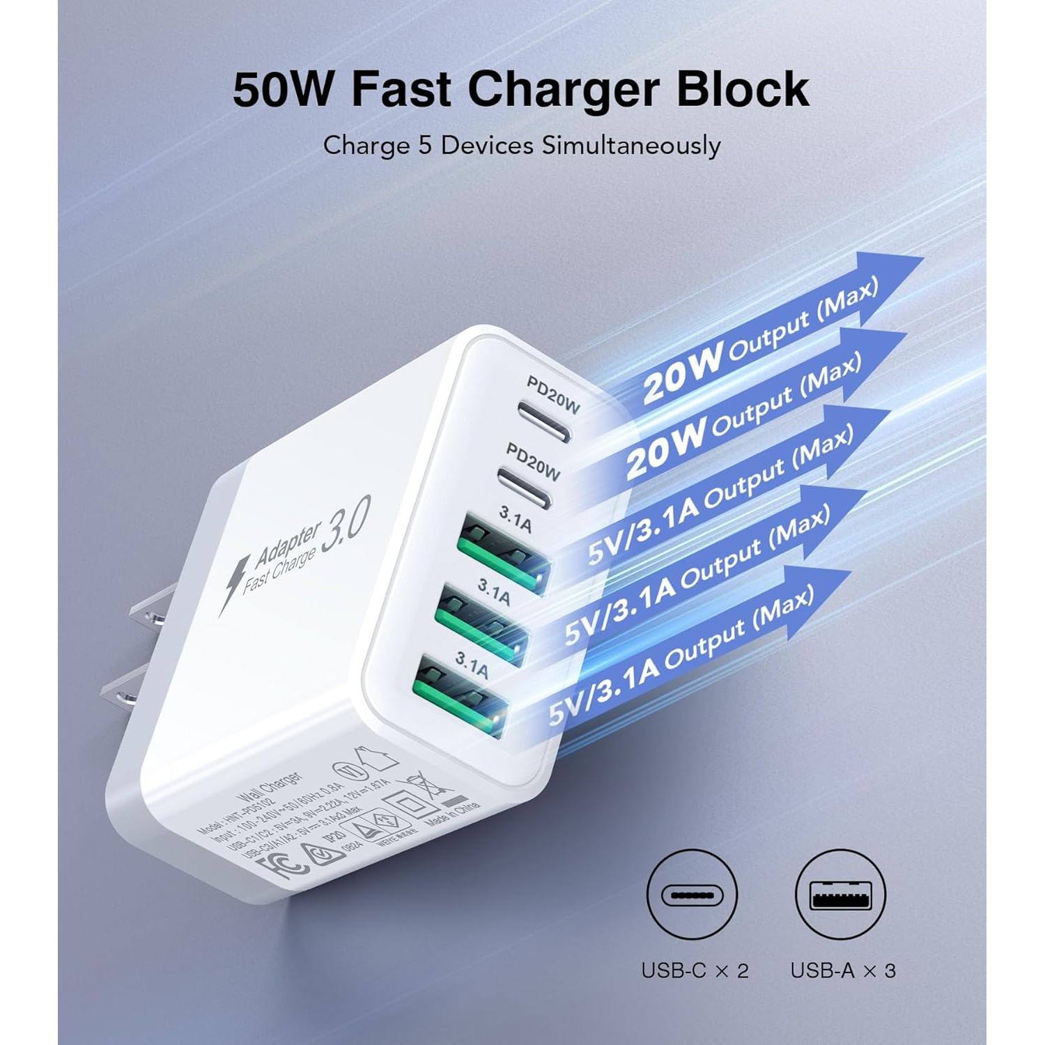 Cargador USB C Rápido 50W 5 Puertos BOVICAS Blanco