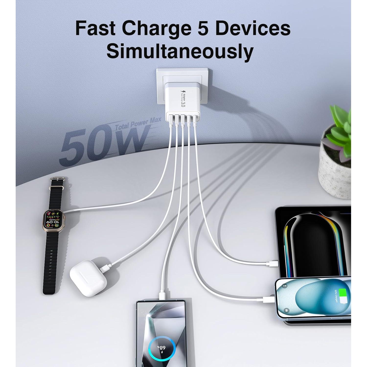 Cargador USB C Rápido 50W 5 Puertos BOVICAS Blanco