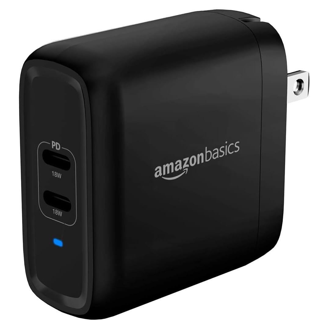 Cargador de pared USB-C 36W Amazon Basics, 2 puertos, Negro