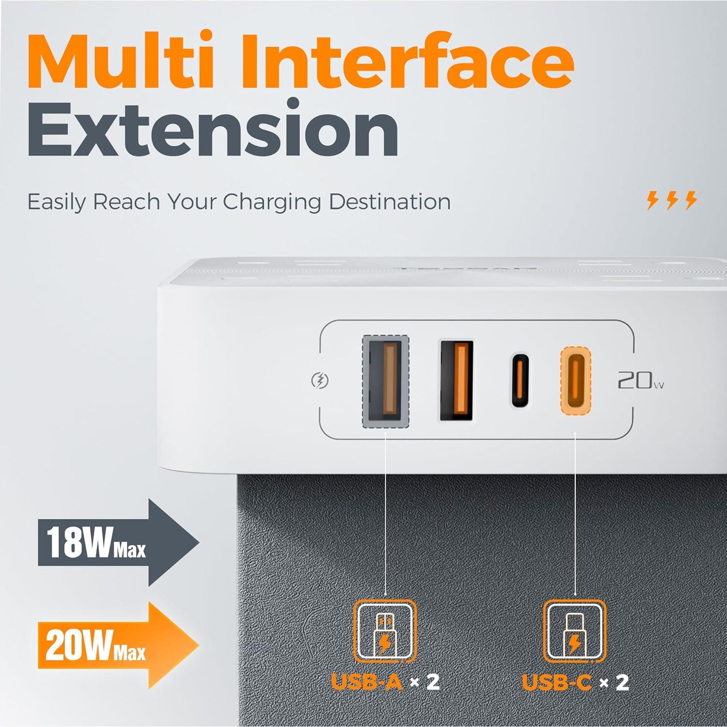 Regleta de Protección TESSAN 1.83m 8 en 1 con USB-C 20W