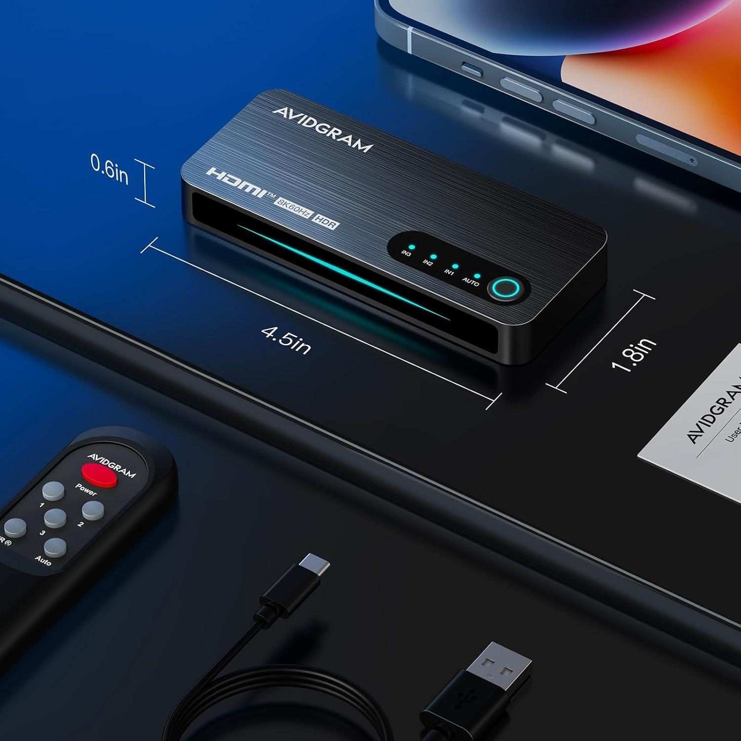 Interruptor HDMI 3 Puertos AVIDGRAM 8K 60Hz Control Remoto