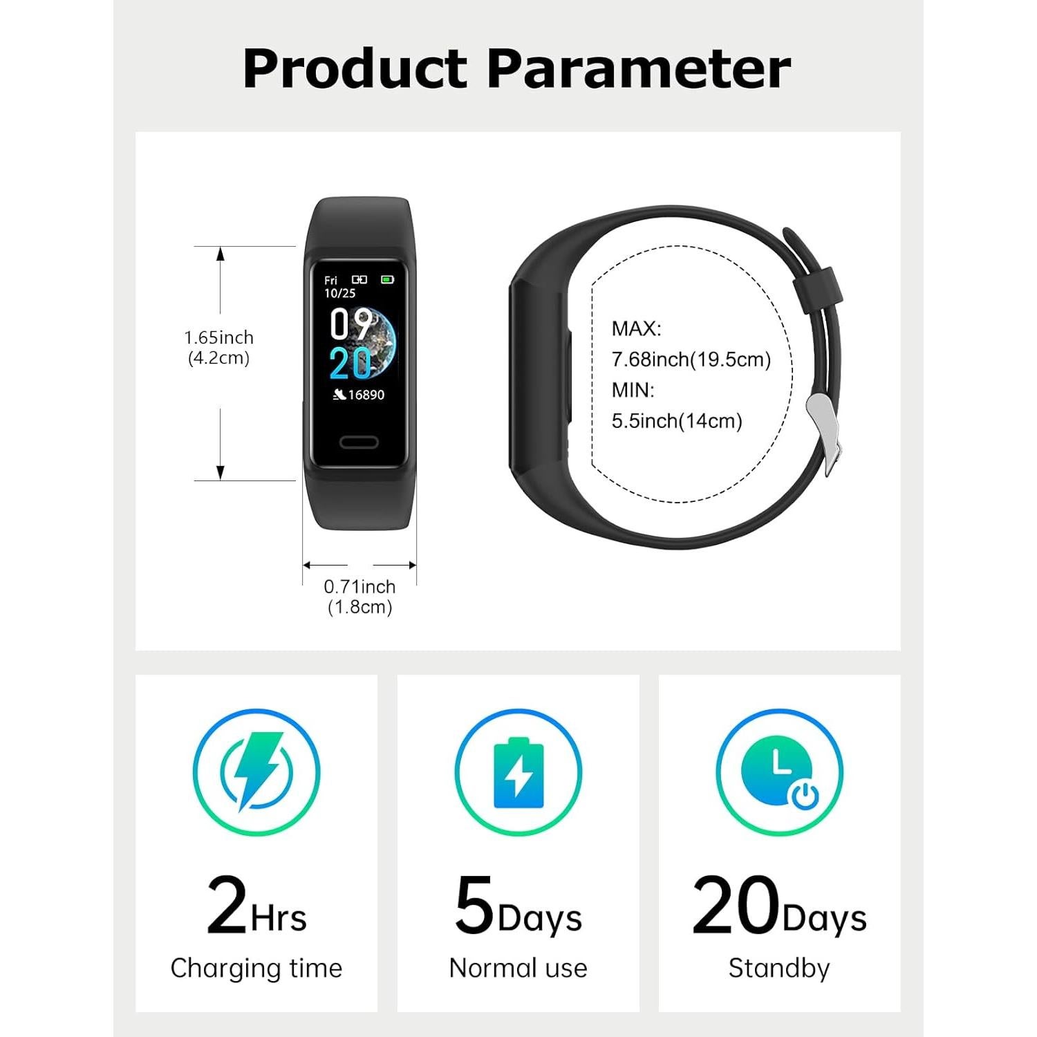 Rastreador de Fitness Cloudpoem Negro Impermeable IP68 24/7