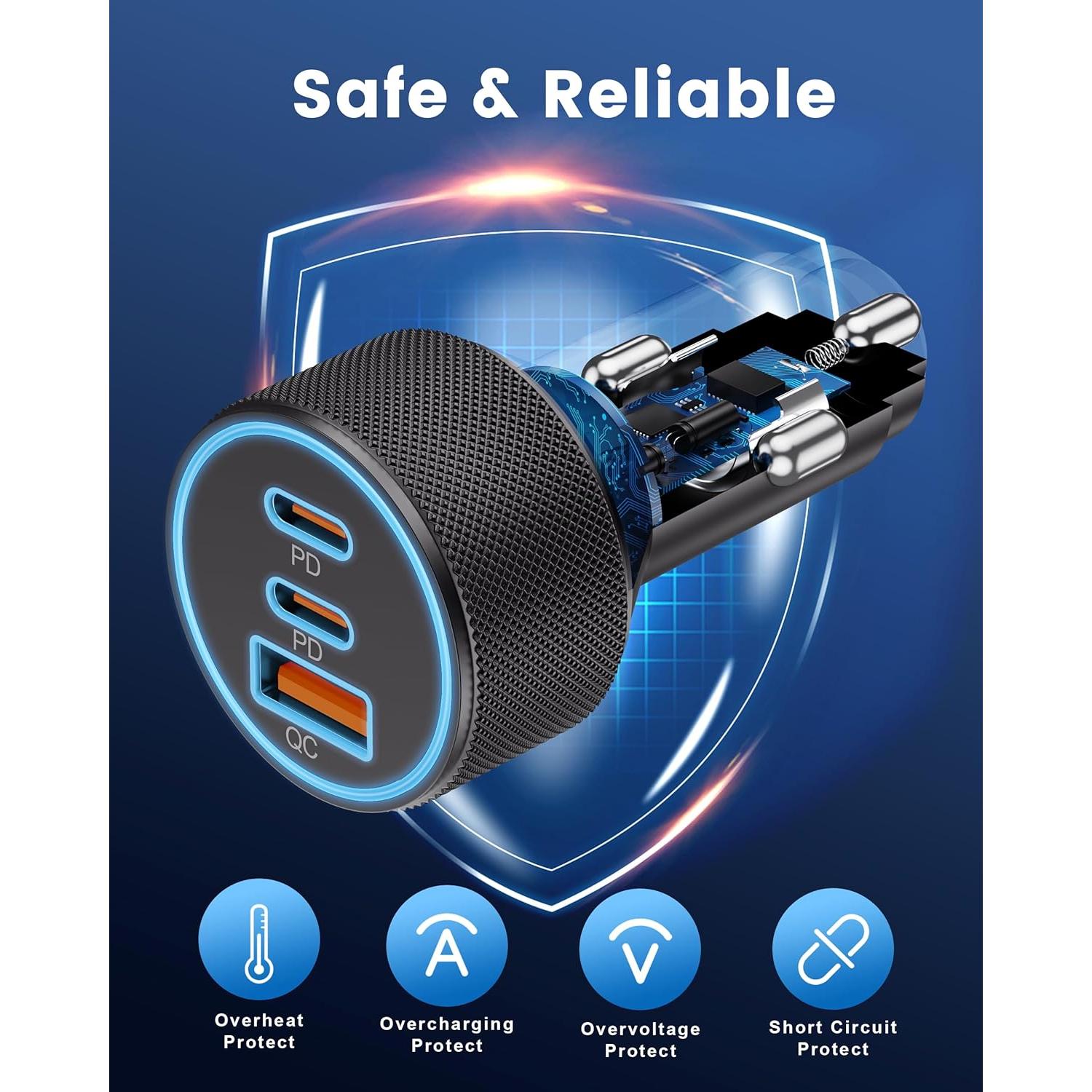 Cargador de coche USB C KENHAO 67W 3 Puertos Carga Rápida