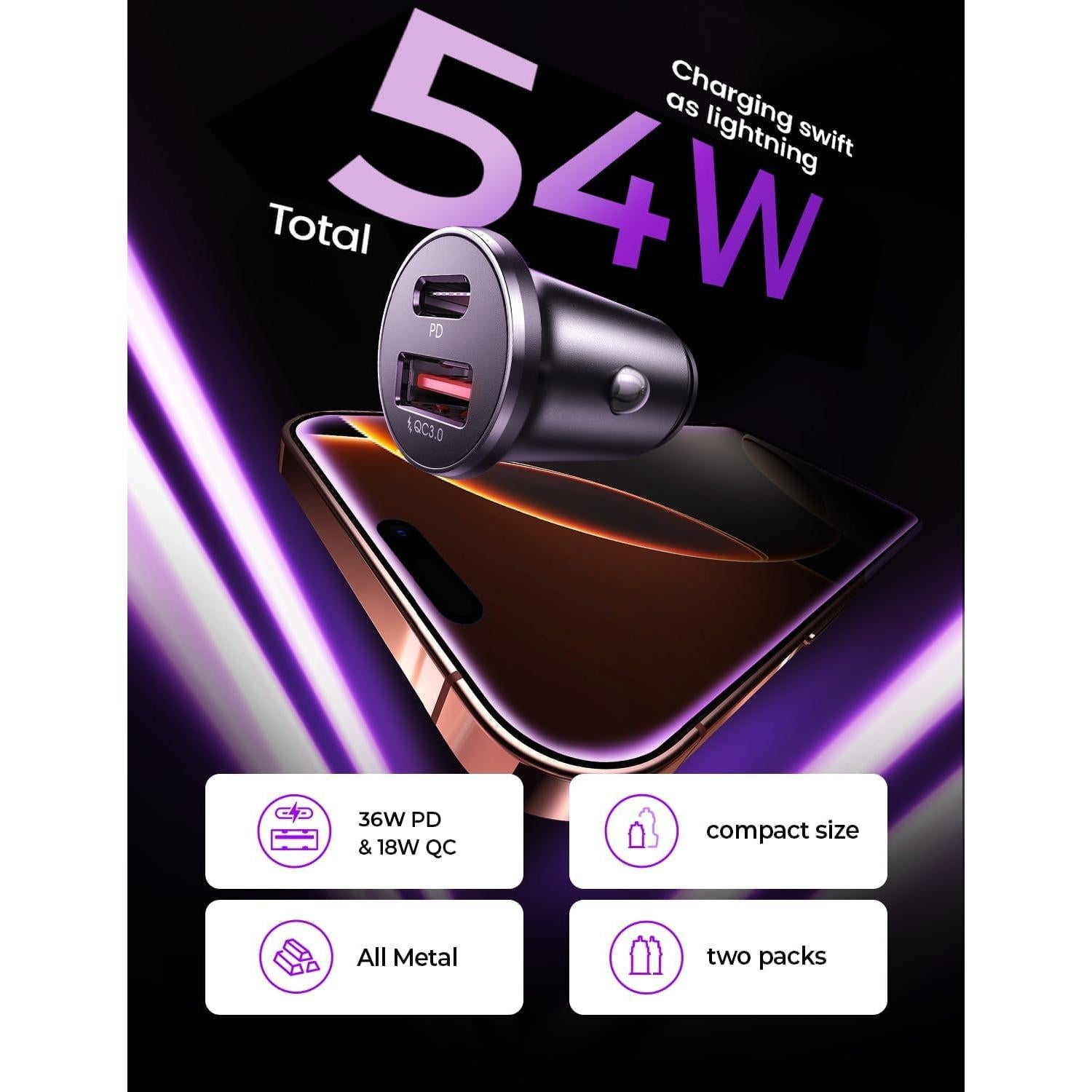 Cargador de Automóvil LISEN 54W USB C Doble Rápido Negro