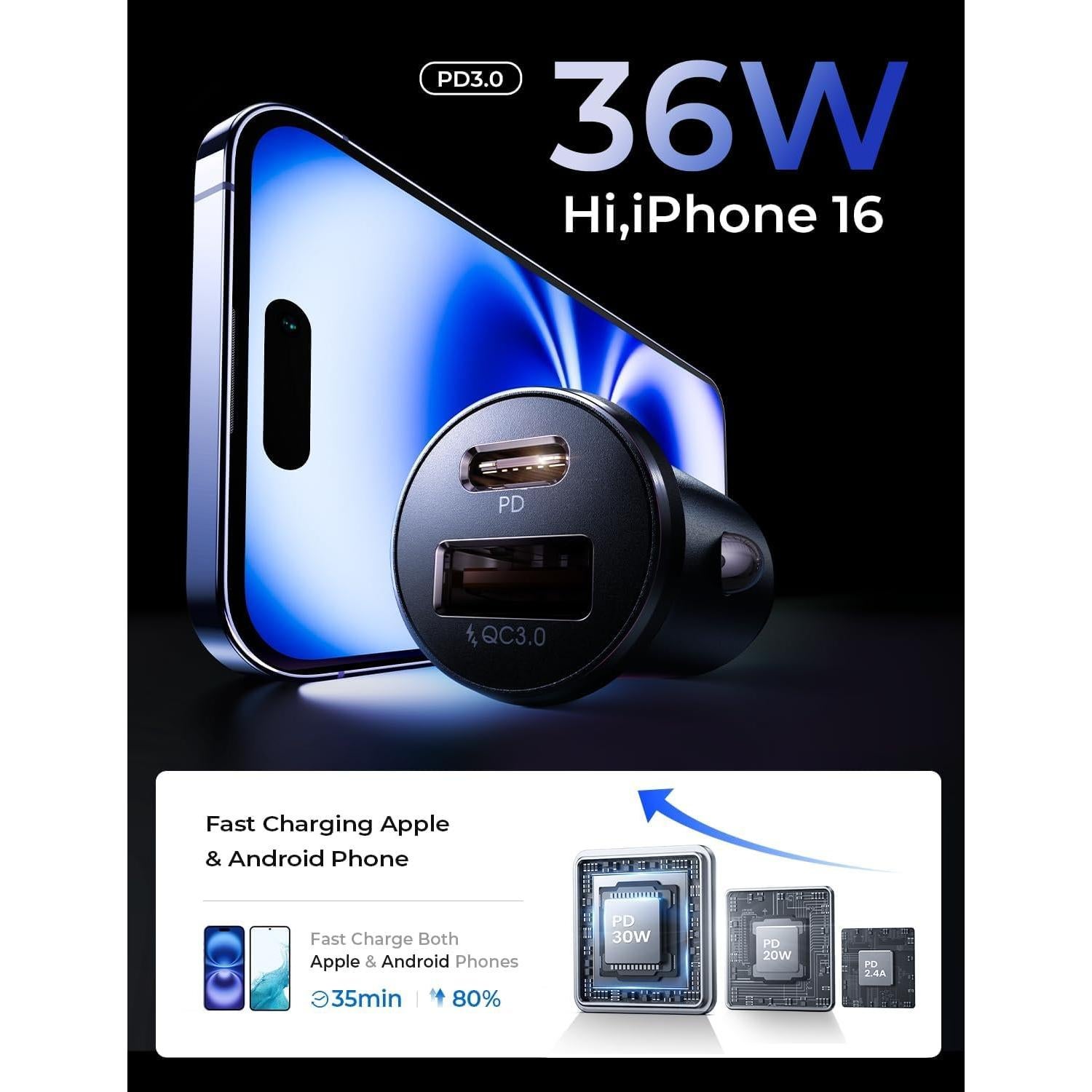 Cargador de Automóvil LISEN 54W USB C Doble Rápido Negro