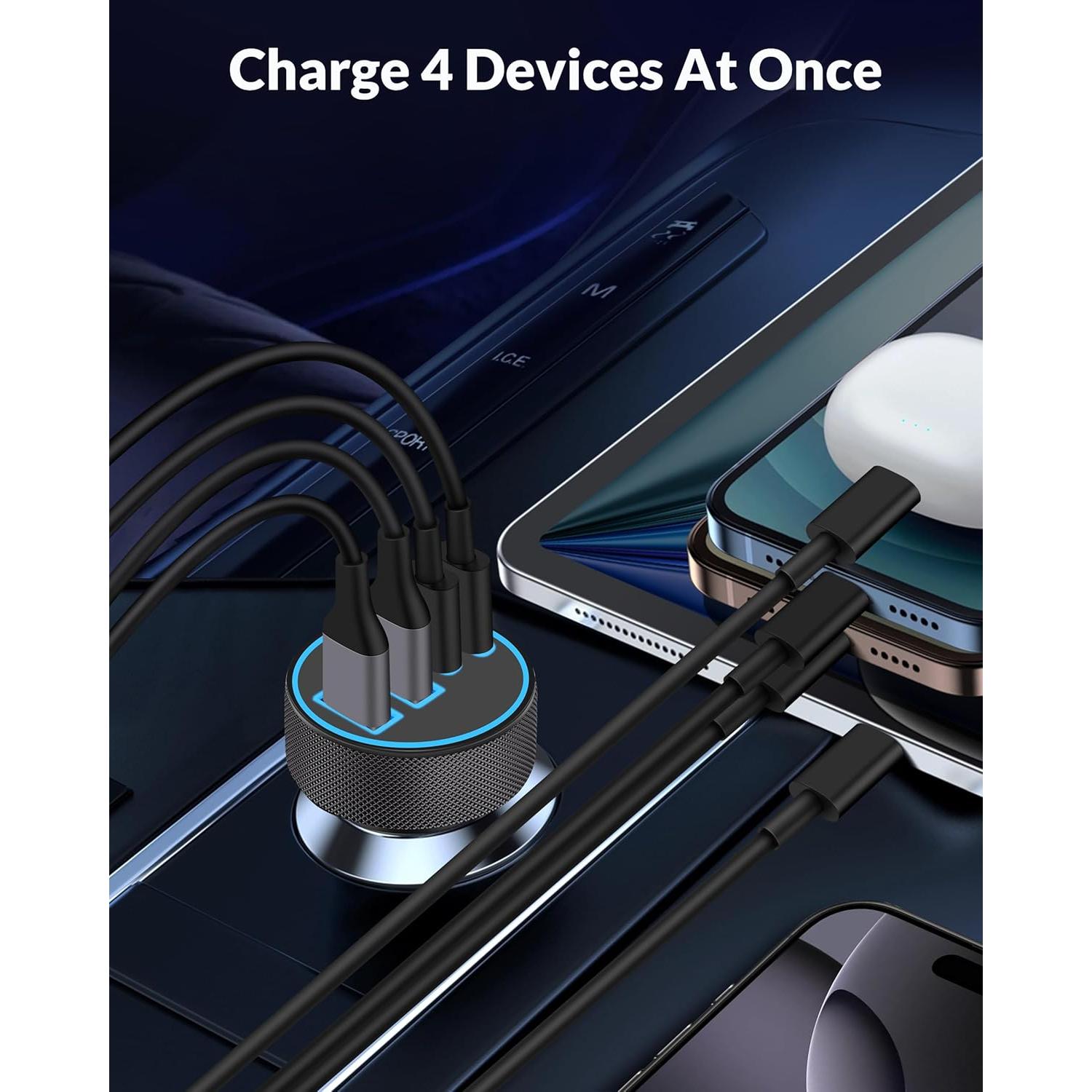 Cargador de Coche USB C 90W 4 Puertos Rápido Heyuan