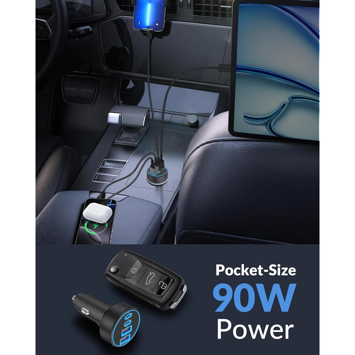 Cargador de Coche USB C 90W 4 Puertos Rápido Heyuan