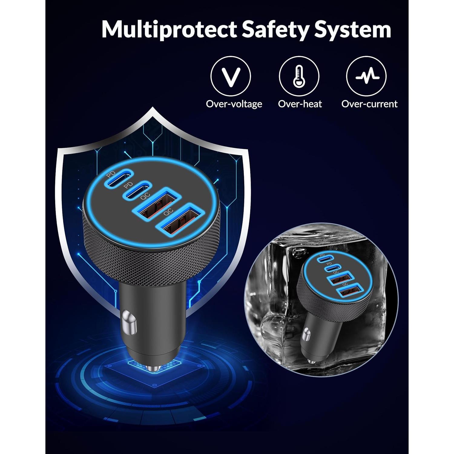 Cargador de Coche USB C 90W 4 Puertos Rápido Heyuan