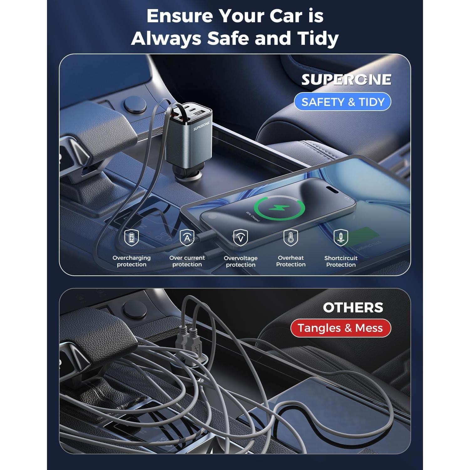 Cargador de Coche Retráctil SUPERONE 2025 5 en 1 84W