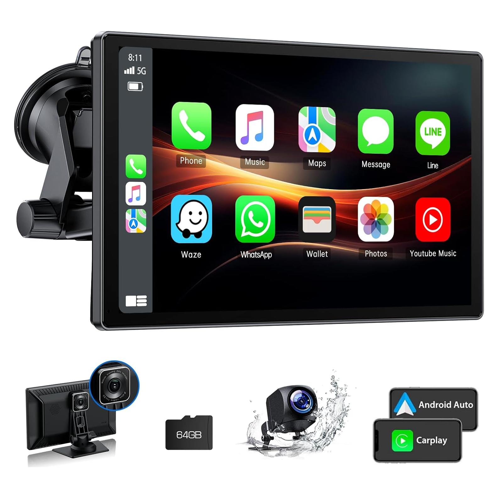 Portable Wireless Carplay Screen for Car with 2.5K Dash Cam,9 Inches Android Auto Screen with 1080p Backup Camera,CarPlay Adapter - GPS Navigation,Bluetooth,Airplay,Voice Control