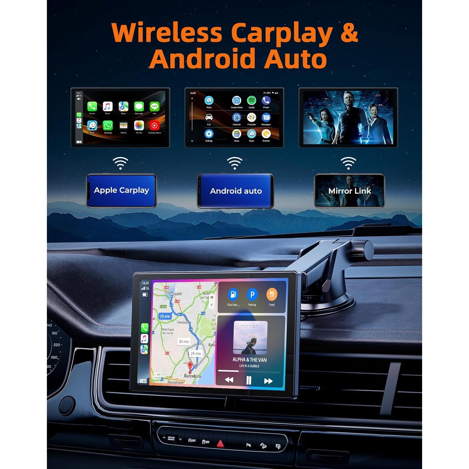 Portable Wireless Carplay Screen for Car with 2.5K Dash Cam,9 Inches Android Auto Screen with 1080p Backup Camera,CarPlay Adapter - GPS Navigation,Bluetooth,Airplay,Voice Control