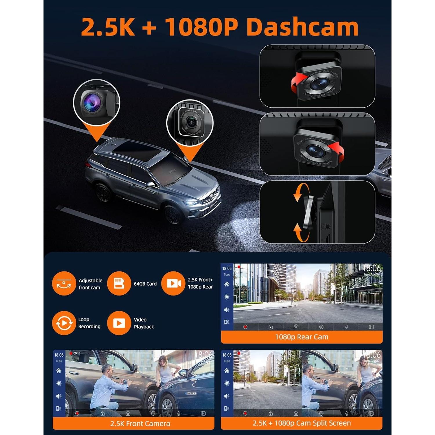 Portable Wireless Carplay Screen for Car with 2.5K Dash Cam,9 Inches Android Auto Screen with 1080p Backup Camera,CarPlay Adapter - GPS Navigation,Bluetooth,Airplay,Voice Control