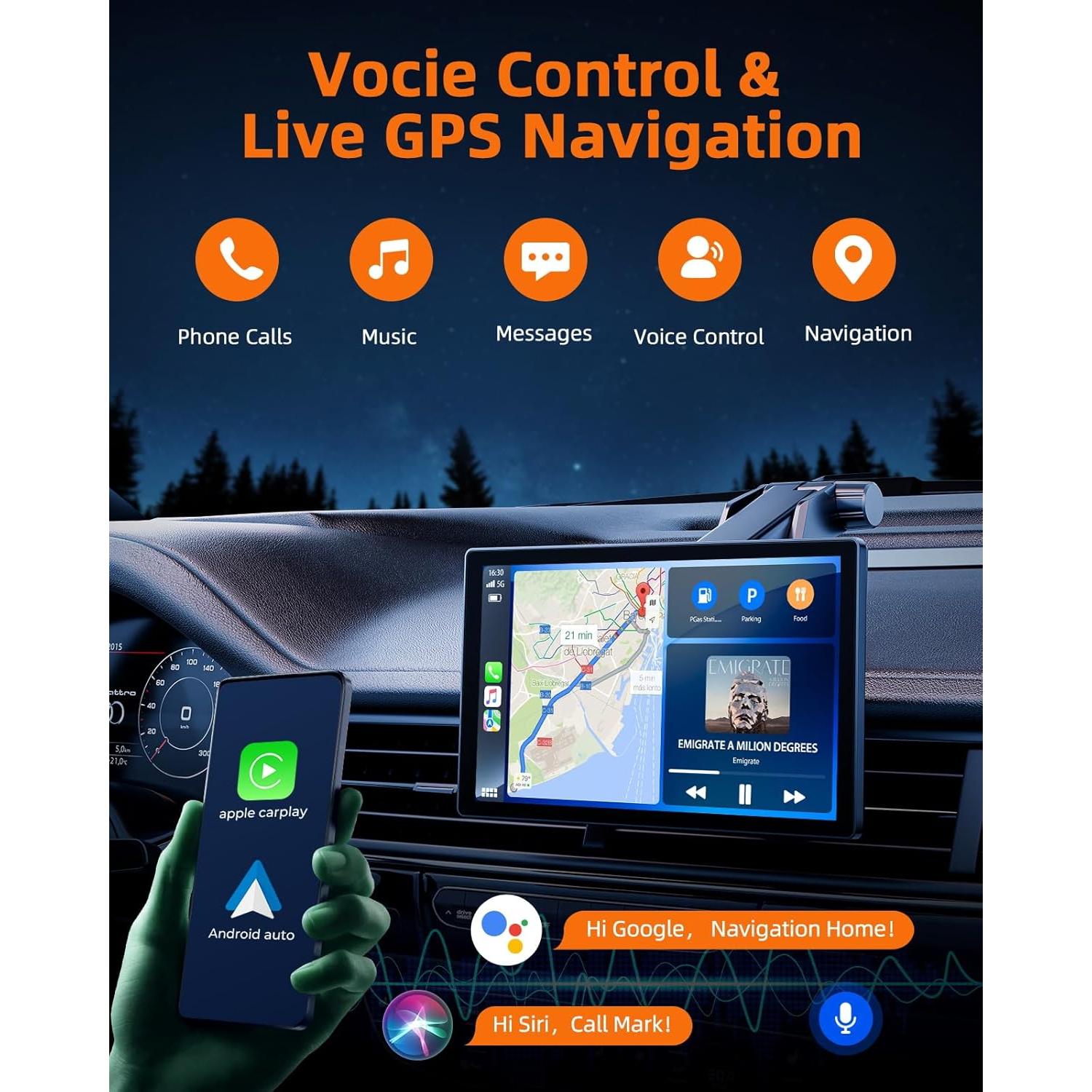 Portable Wireless Carplay Screen for Car with 2.5K Dash Cam,9 Inches Android Auto Screen with 1080p Backup Camera,CarPlay Adapter - GPS Navigation,Bluetooth,Airplay,Voice Control