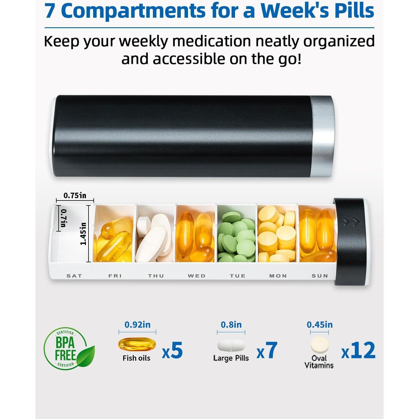 Organizador Semanal de Pastillas Betife, 7 Compartimentos, Negro