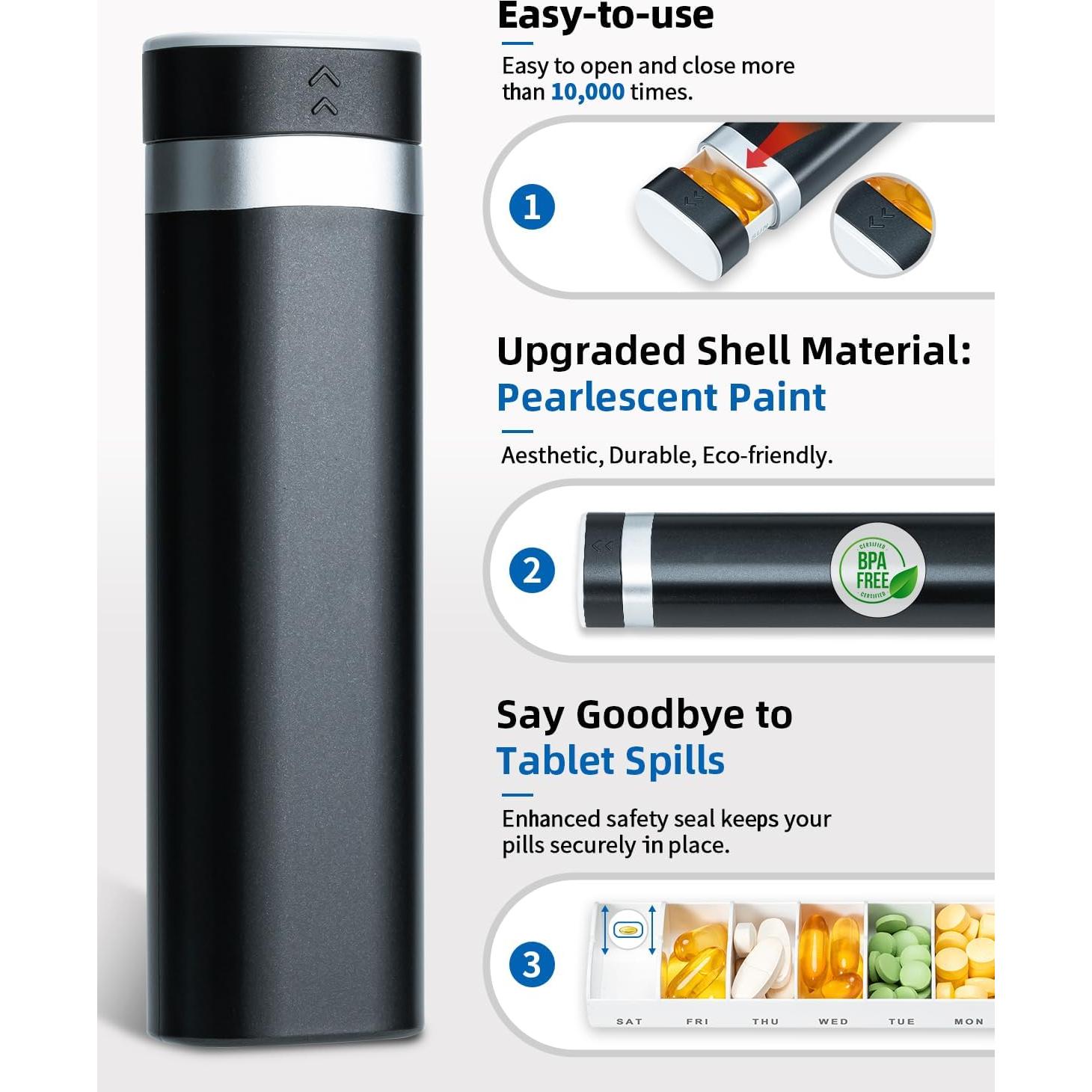 Organizador Semanal de Pastillas Betife, 7 Compartimentos, Negro