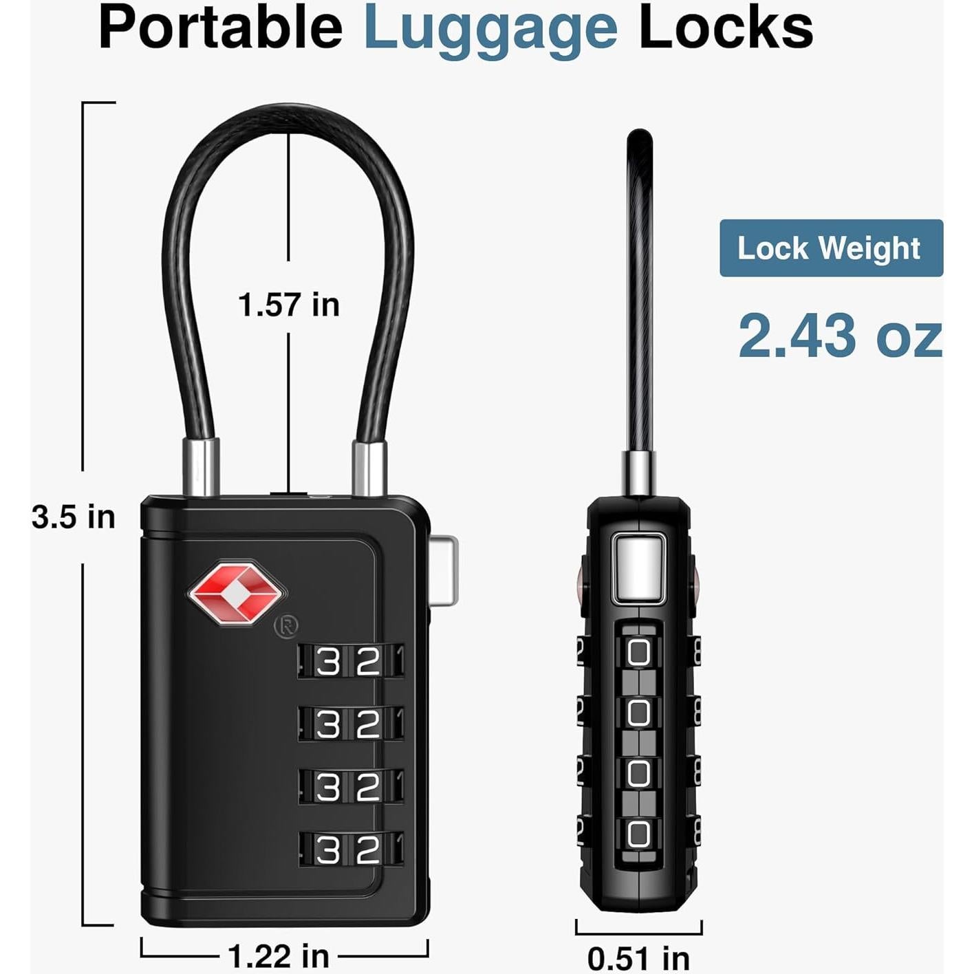 Candados de Viaje TSA Puroma 2 Piezas Negro 4 Dígitos
