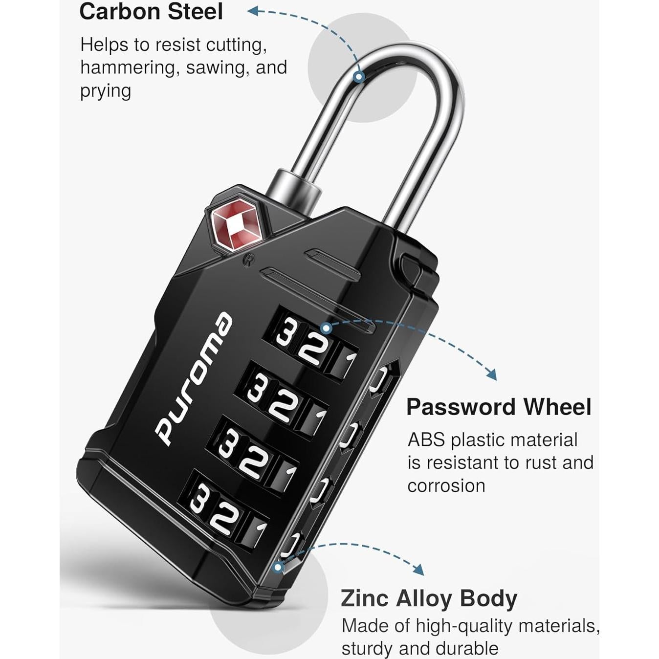 Candados de Equipaje TSA Puroma, 2 Piezas, 4 Dígitos, Zinc
