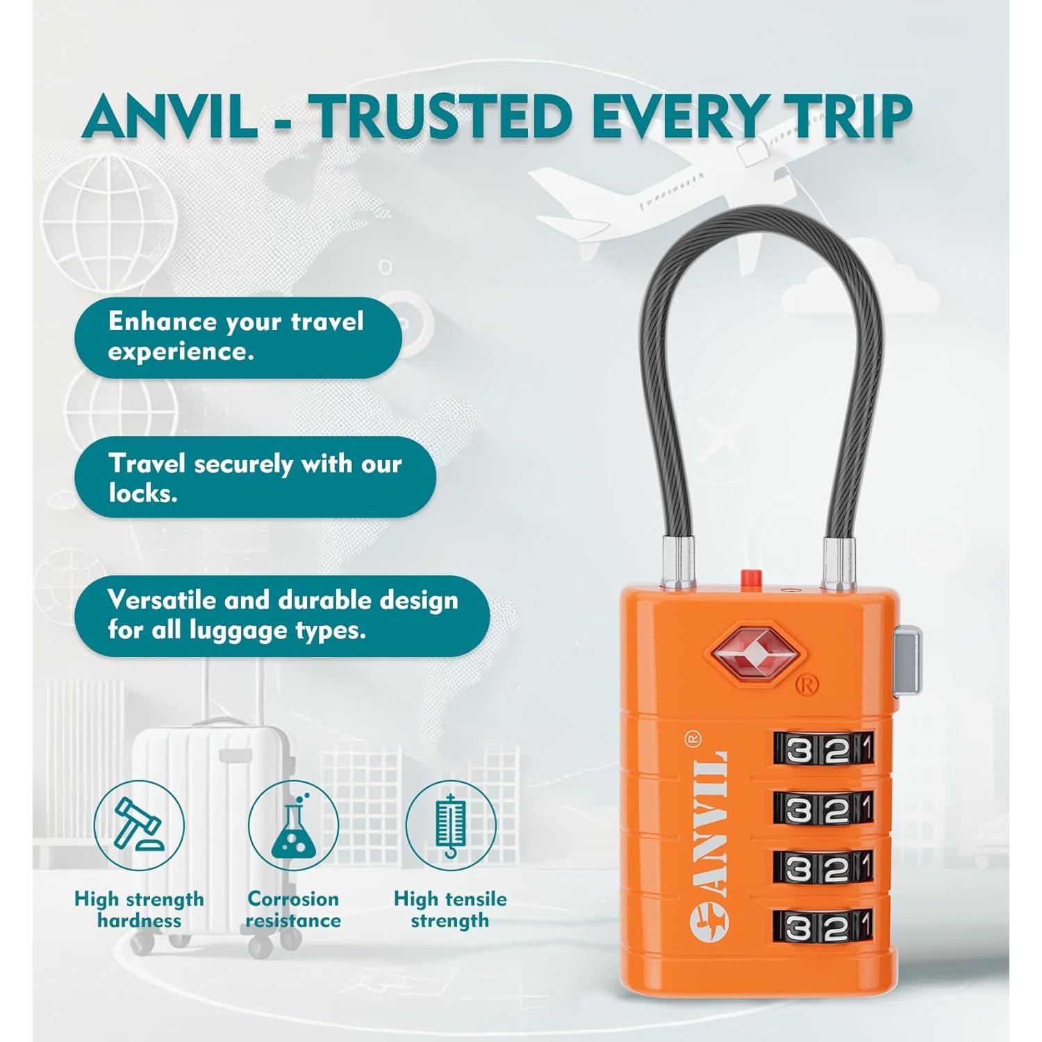 Candado de Maleta TSA ANVIL 4 Dígitos Naranja - Seguridad Avanzada
