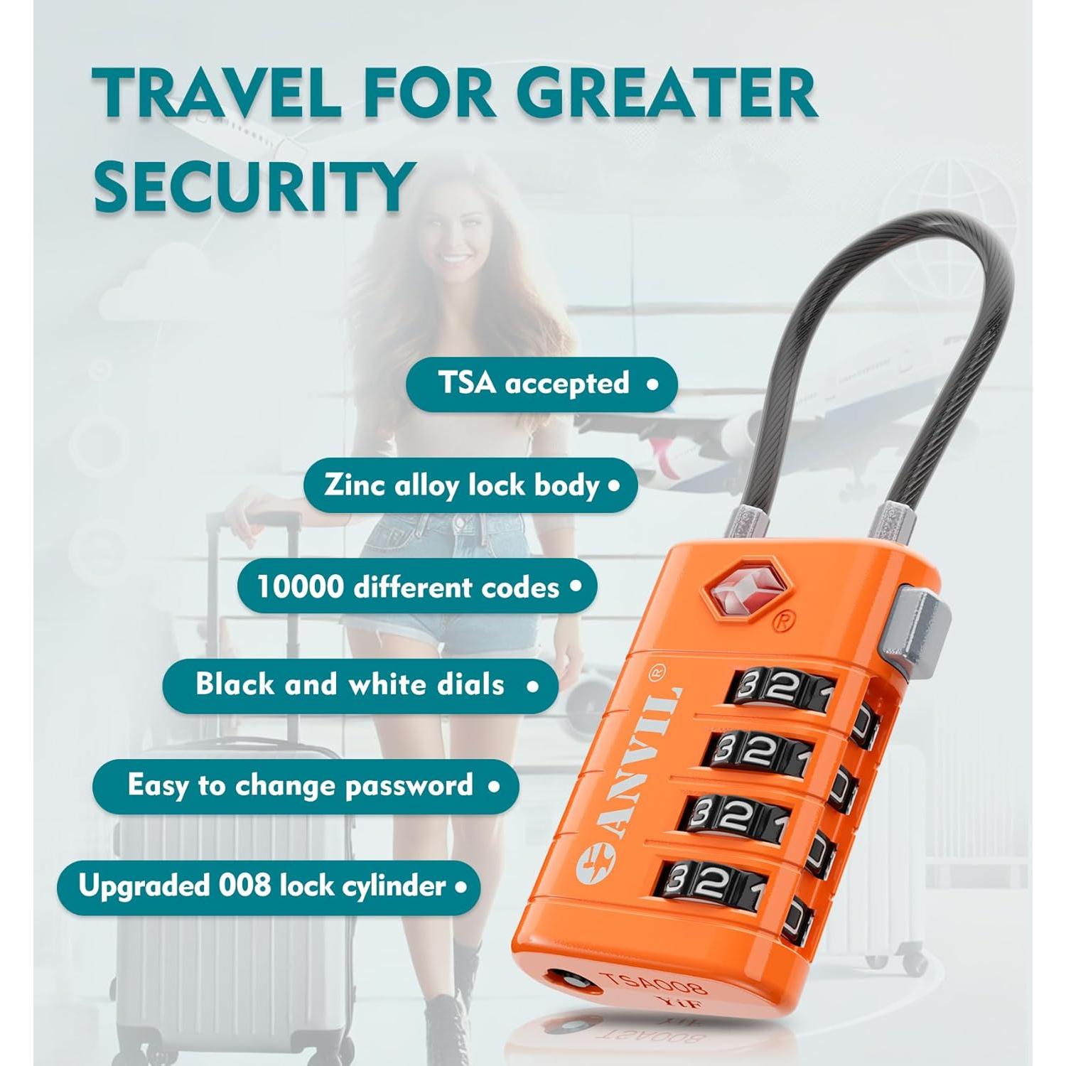 Candado de Maleta TSA ANVIL 4 Dígitos Naranja - Seguridad Avanzada