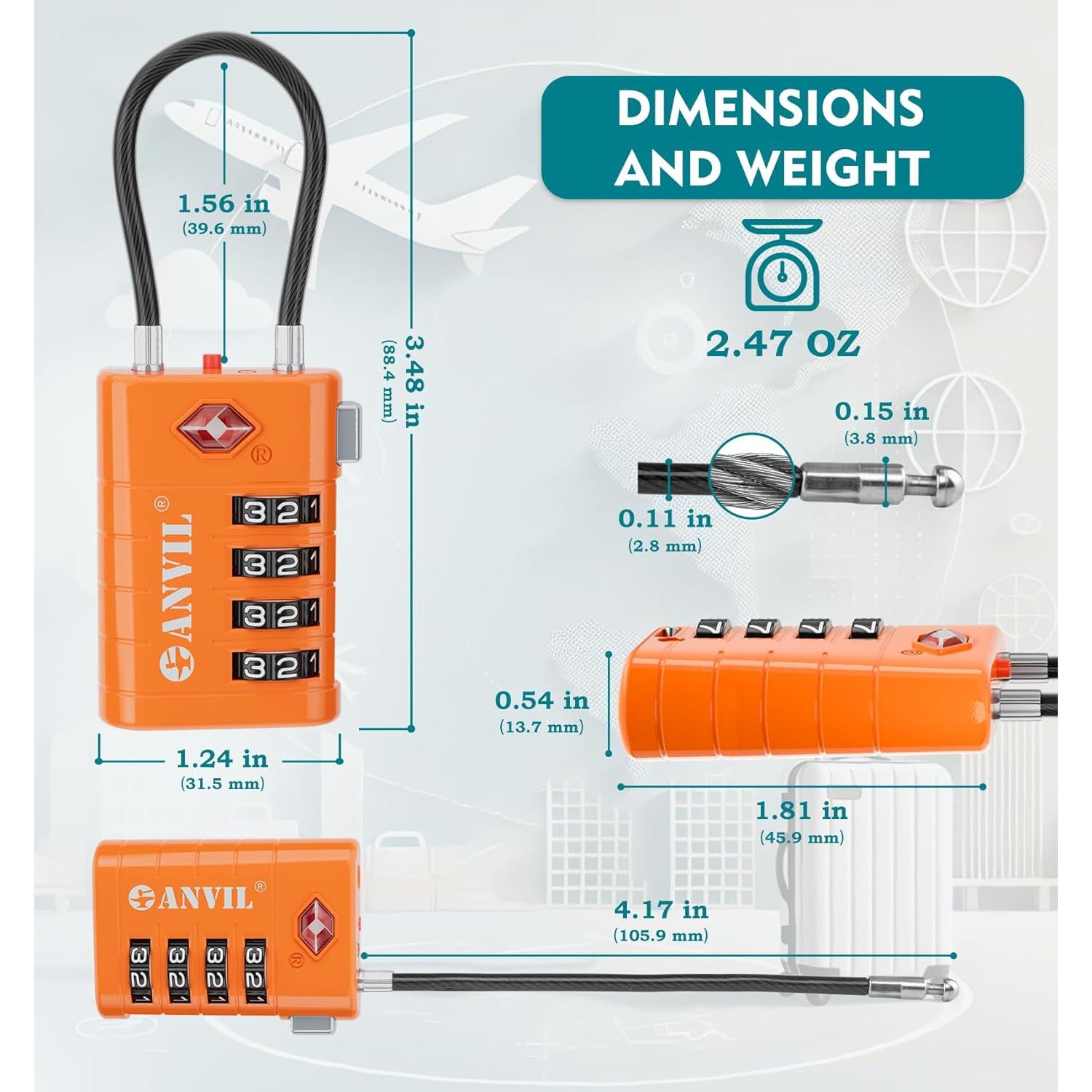 Candado de Maleta TSA ANVIL 4 Dígitos Naranja - Seguridad Avanzada