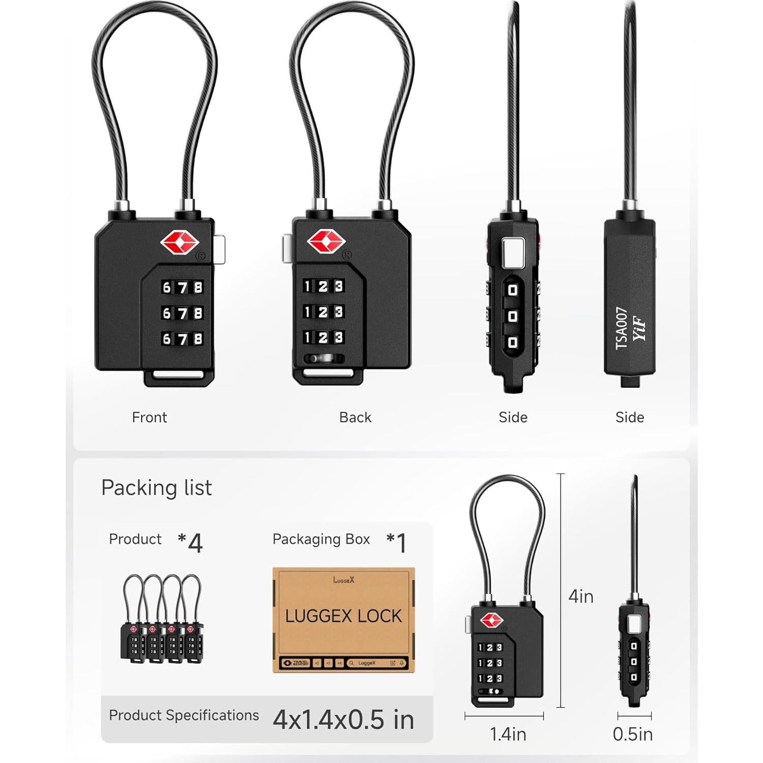 Candados TSA LUGGEX para Equipaje - 4 Unidades, Negro