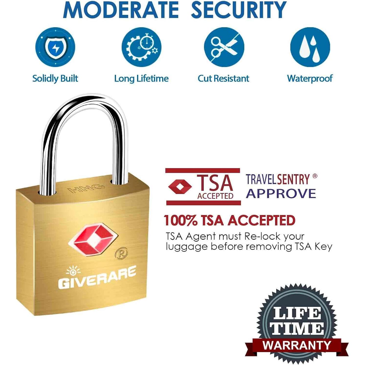 Pack de 4 Candados de Equipaje TSA GIVERARE Dorado Irrompibles