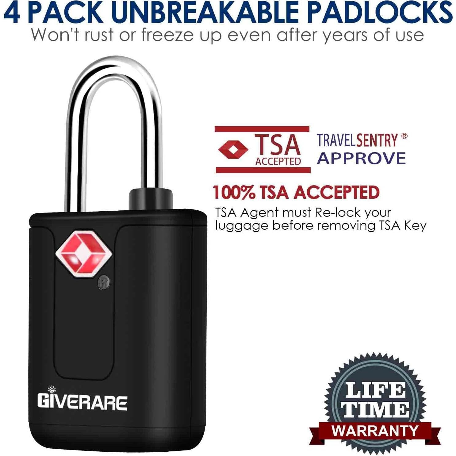 Pack de 4 Candados de Equipaje TSA GIVERARE Antirrobo Negro