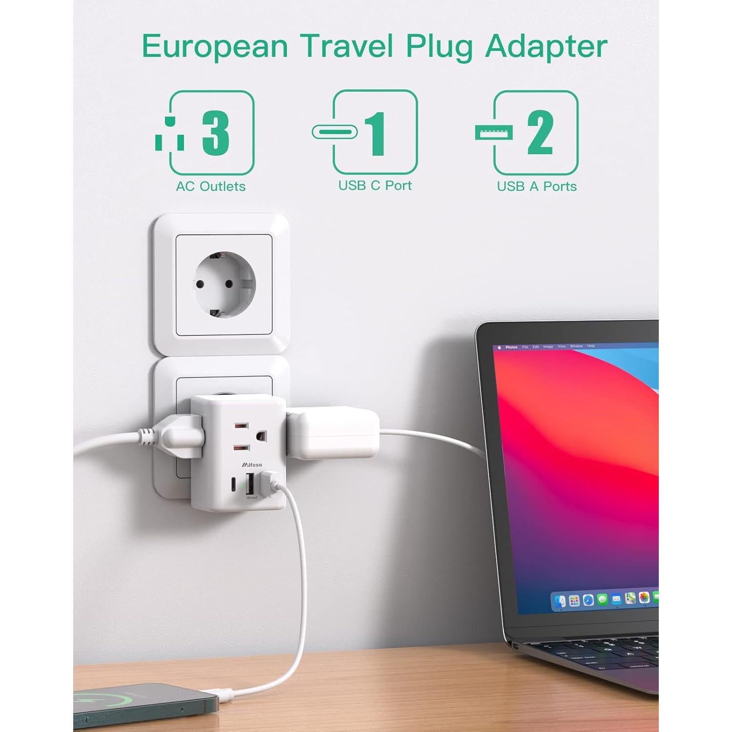 Adaptador de Enchufe de Viaje Mifaso Tipo C con USB 6 en 1