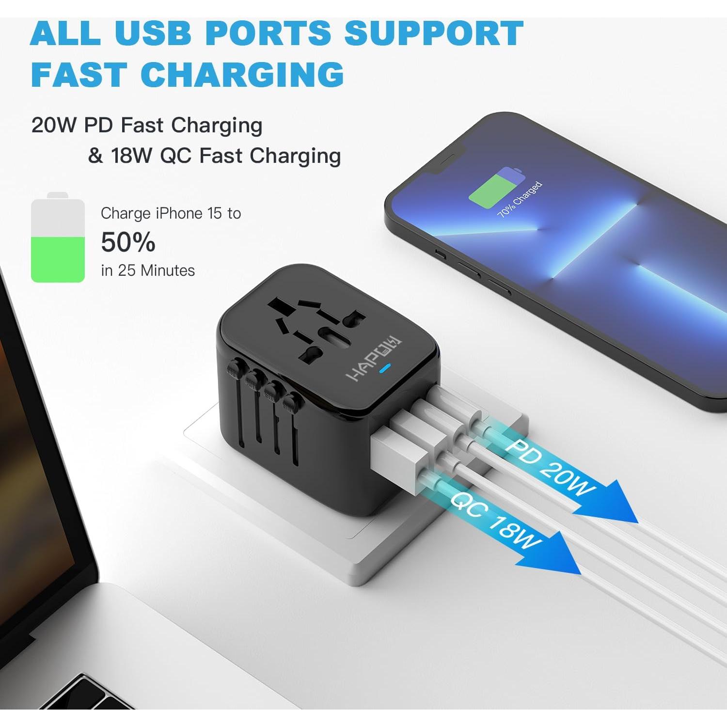 Adaptador de Viaje Universal HAPOW 20W 2 USB-C 2 USB-A Negro