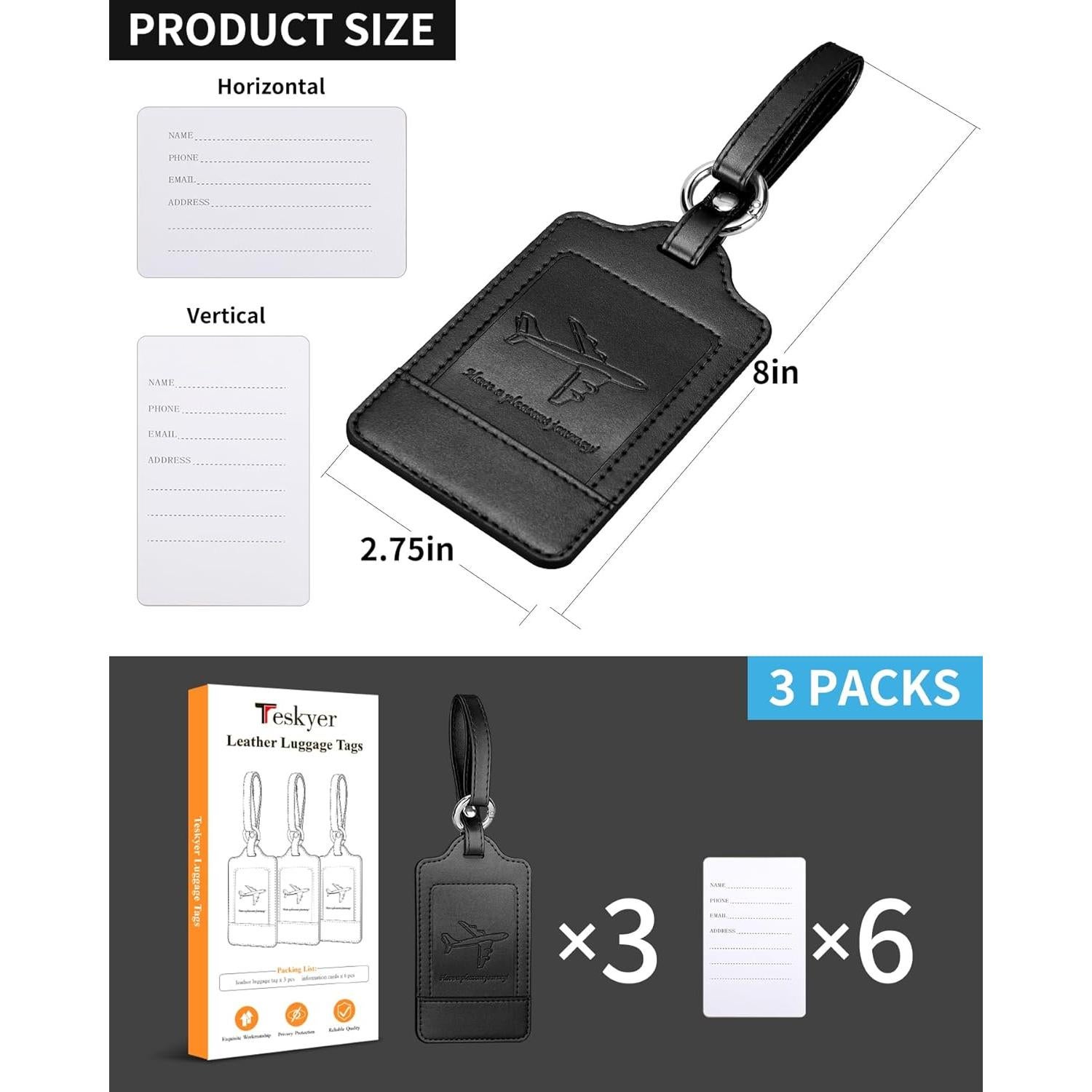 Etiquetas de Equipaje Teskyer - Paquete de 3 de Cuero PU Negro