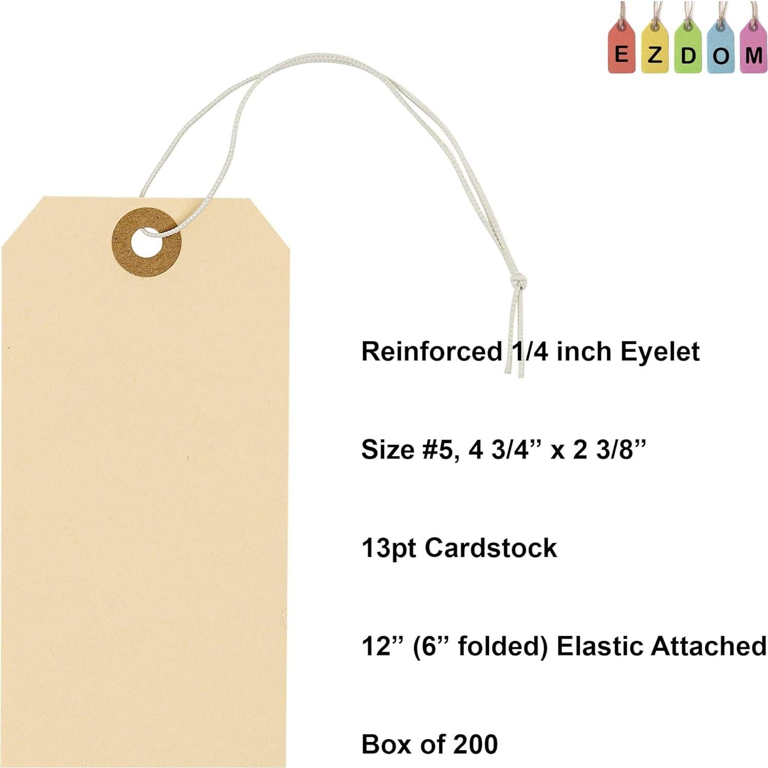 Etiquetas de papel Manila con cuerda elástica EZDOM - Caja de 200