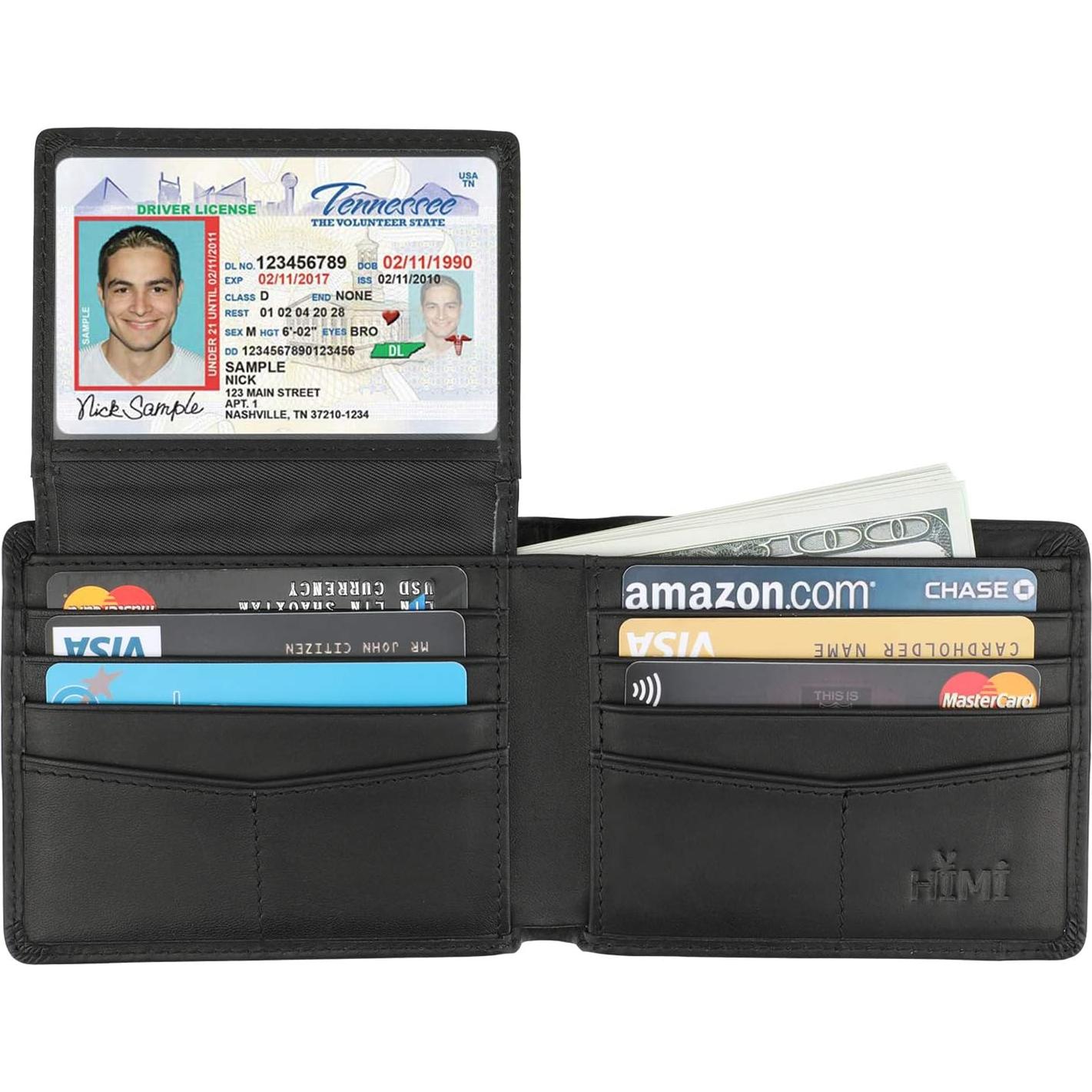 Billetera Bifold de Cuero Genuino Negro Vintage con Bloqueo RFID