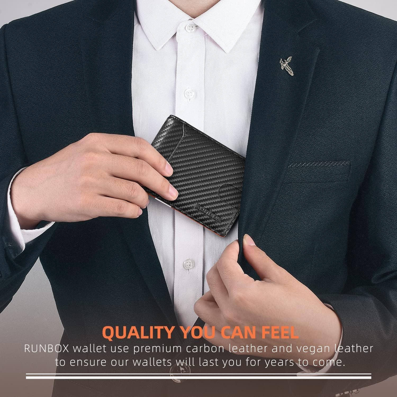 Cartera Bifold RUNBOX para Hombres - Bloqueo RFID - Carbono Negro y Naranja