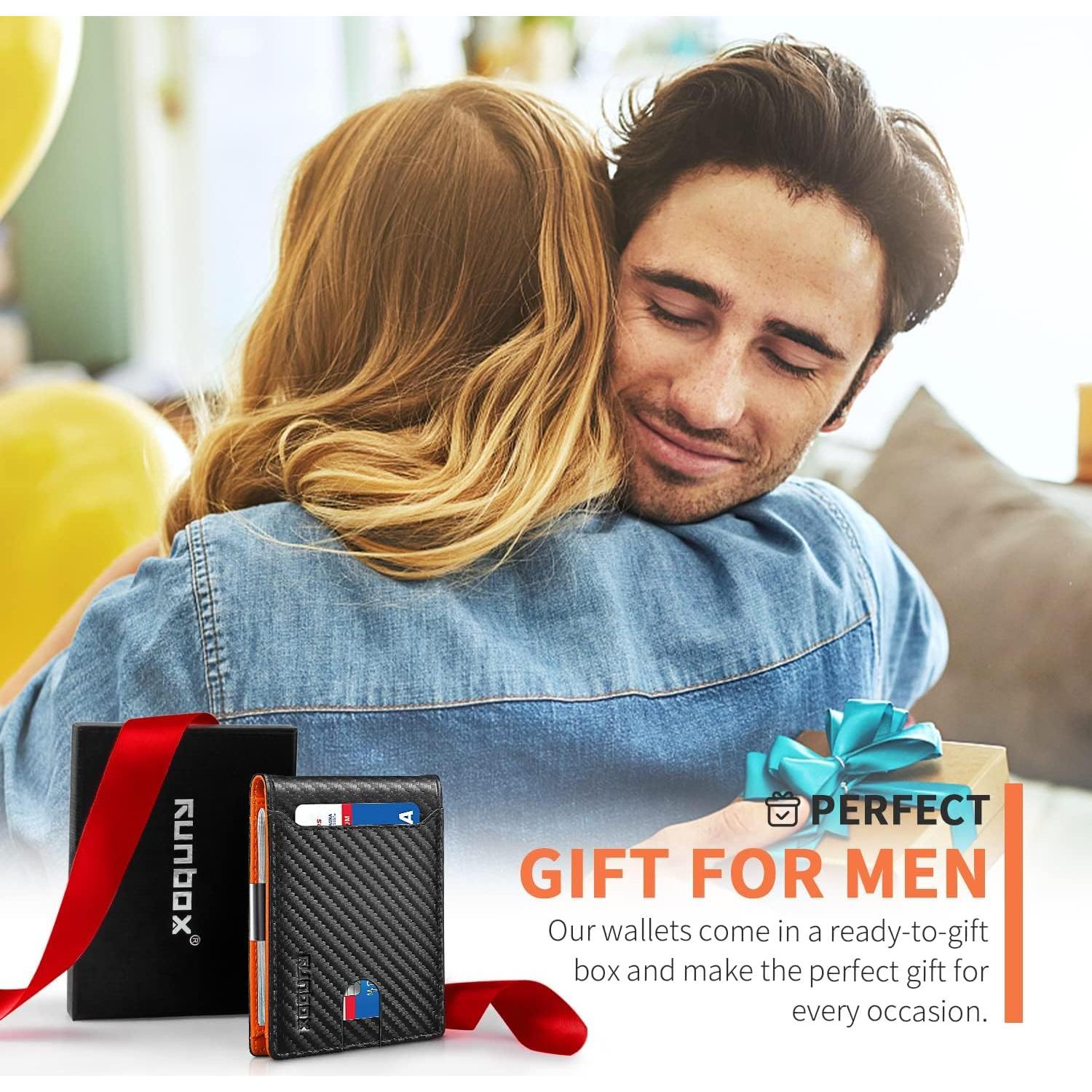 Cartera Bifold RUNBOX para Hombres - Bloqueo RFID - Carbono Negro y Naranja