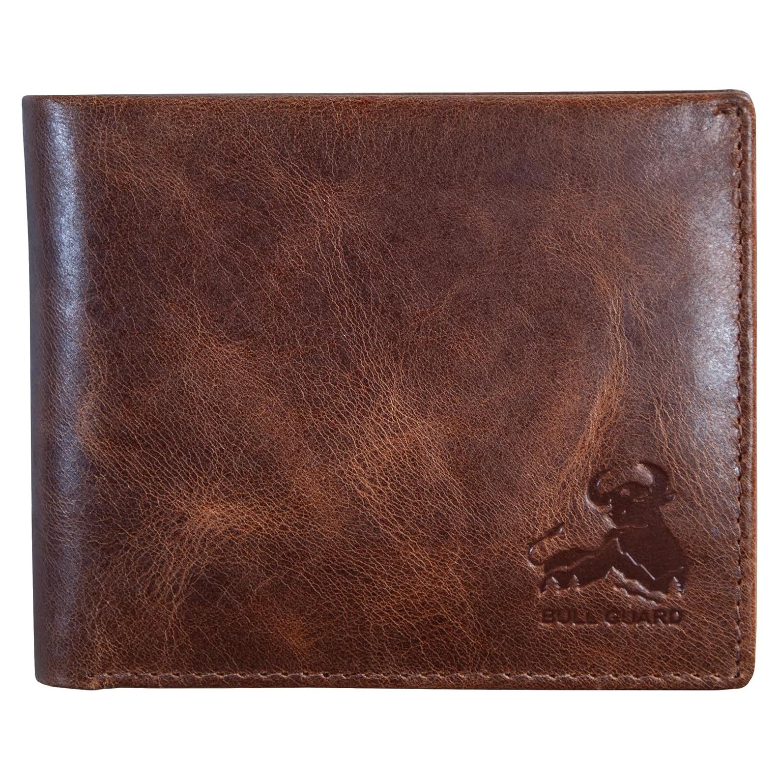 Billetera Bifold Bull Guard de Cuero Genuino Marrón RFID 11 Tarjetas