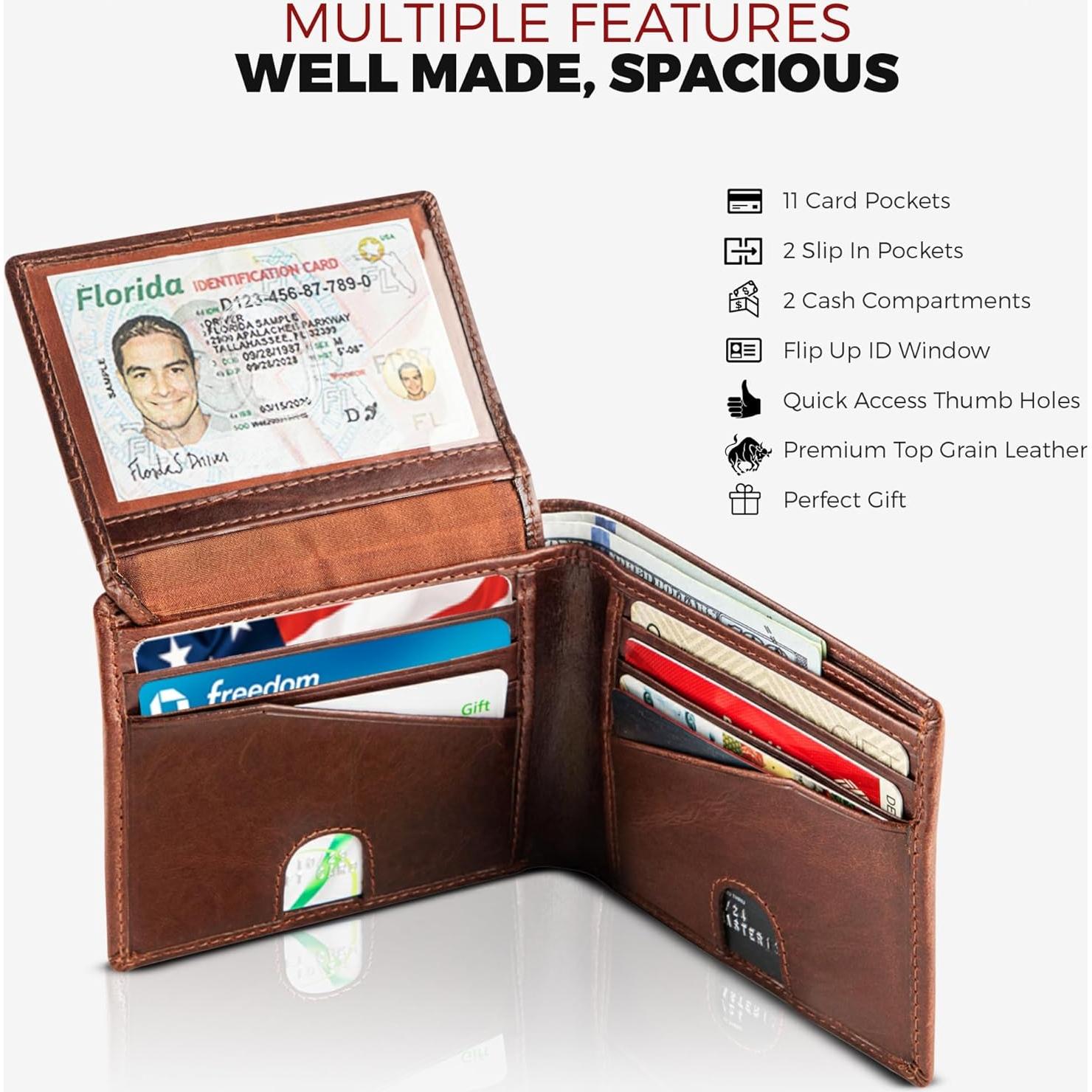 Billetera Bifold Bull Guard de Cuero Genuino Marrón RFID 11 Tarjetas