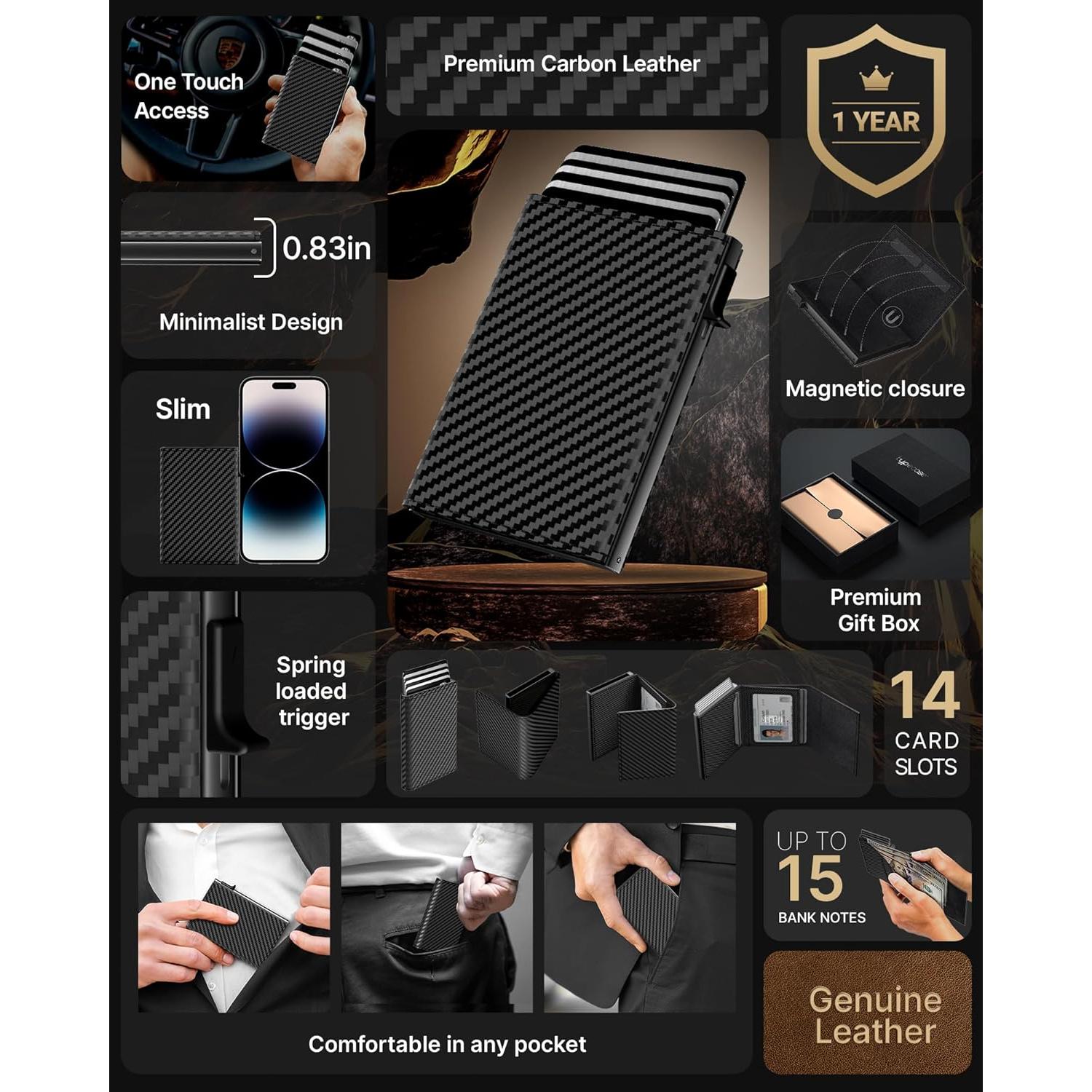 Cartera Minimalista para Hombre typecase - Cuero Genuino, RFID, Fibra de Carbono, 9-14 Tarjetas