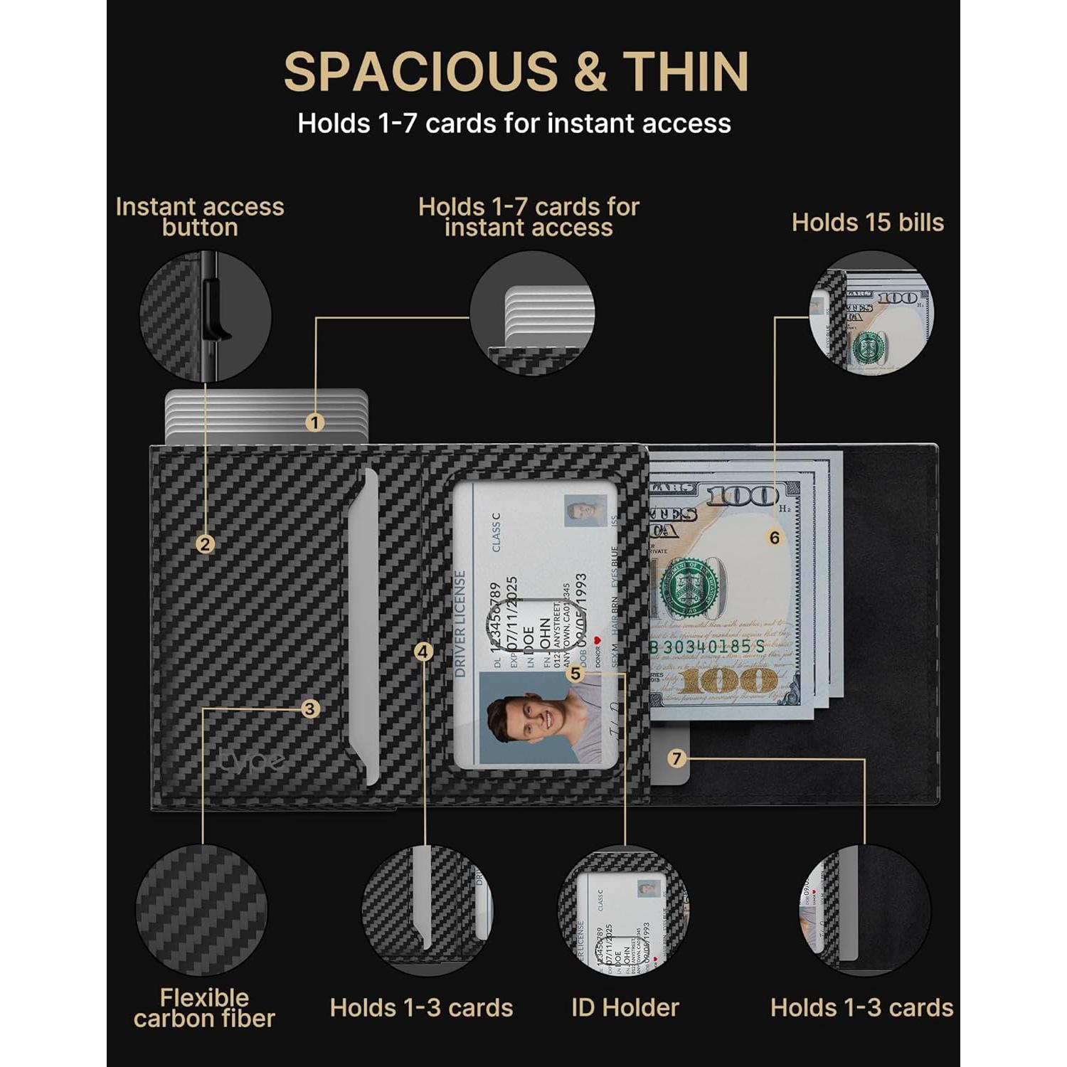 Cartera Minimalista para Hombre typecase - Cuero Genuino, RFID, Fibra de Carbono, 9-14 Tarjetas